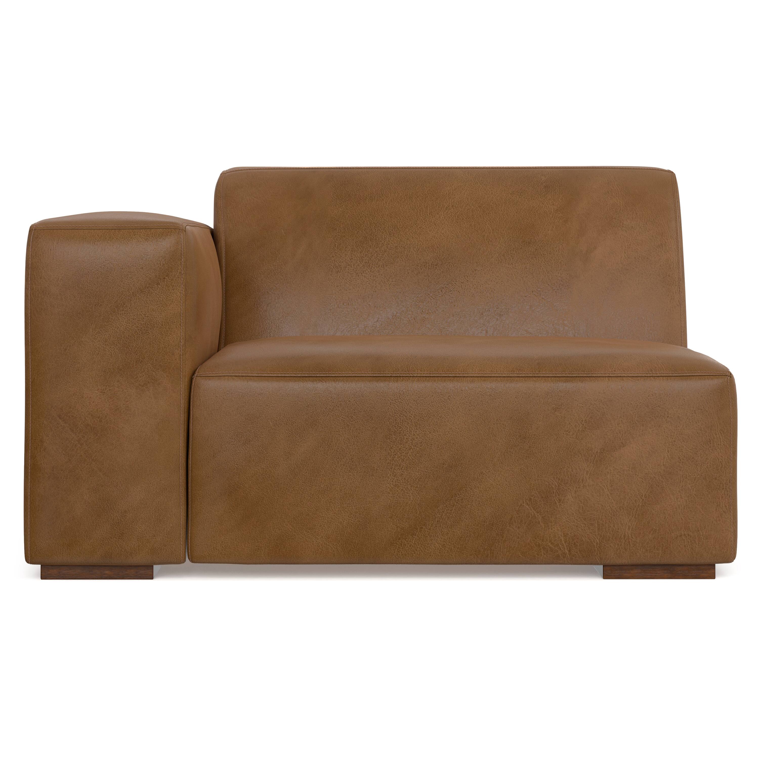 Left. Simpli Home - Rex Left-Arm Sofa Module in Genuine Leather - Caramel Brown.