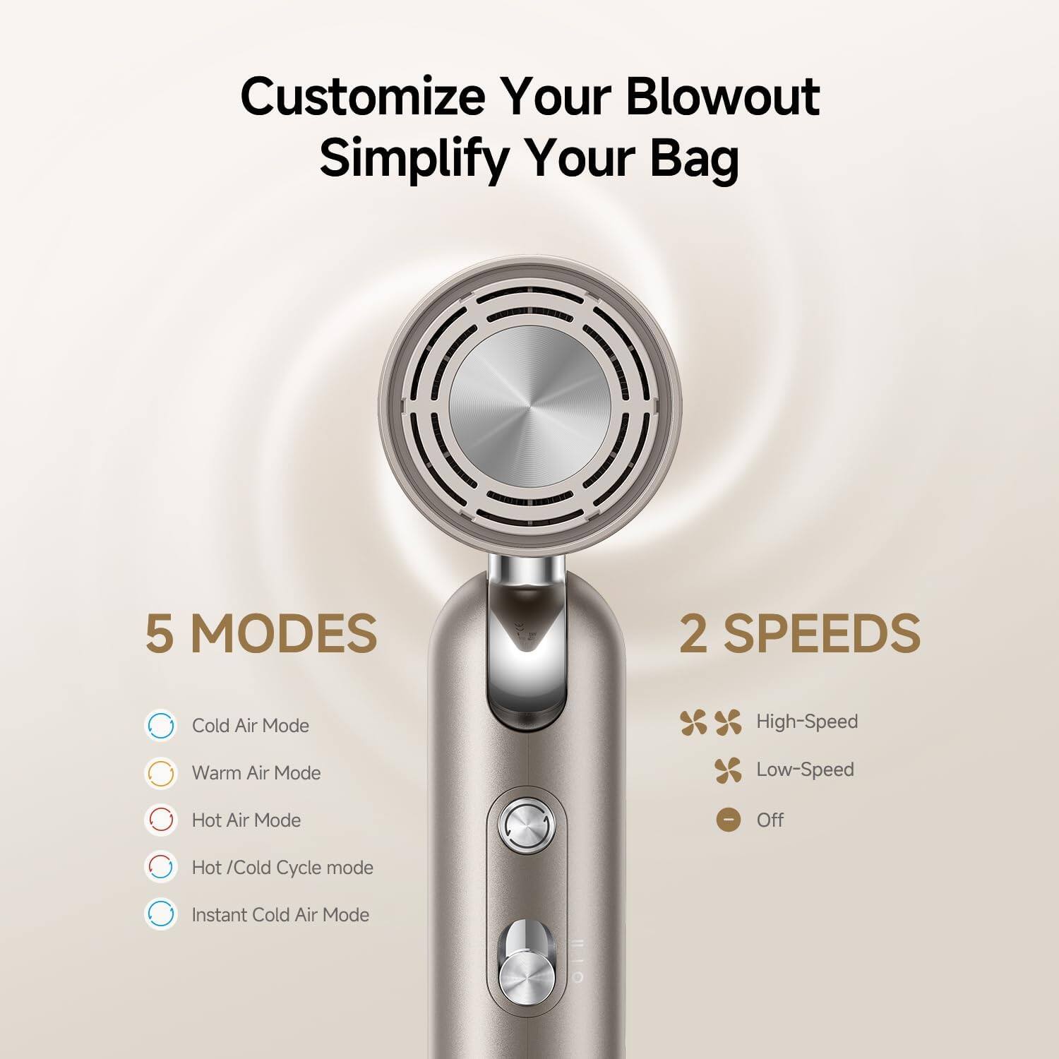 Customize Your Blowout  
Simplify Your Bag  

5 MODES  
- Cold Air Mode  
- Warm Air Mode  
- Hot Air Mode  
- Hot / Cold Cycle mode  
- Instant Cold Air Mode  

2 SPEEDS  
- High-Speed  
- Low-Speed  
- Off