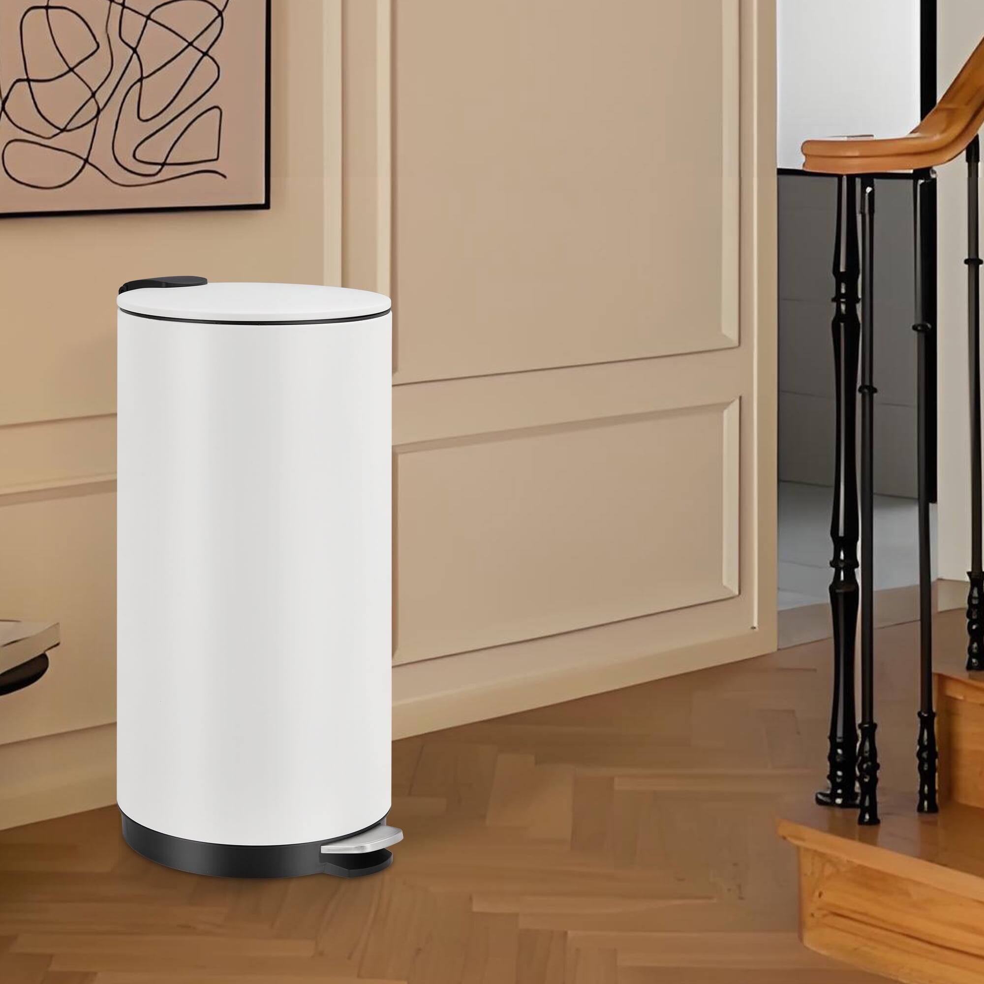 Back. Homhougo - 8 Gallon Round Trash Can, Stainless Steel Garbage Can with Soft-Close Lid and Removable Inner Bucket - White.