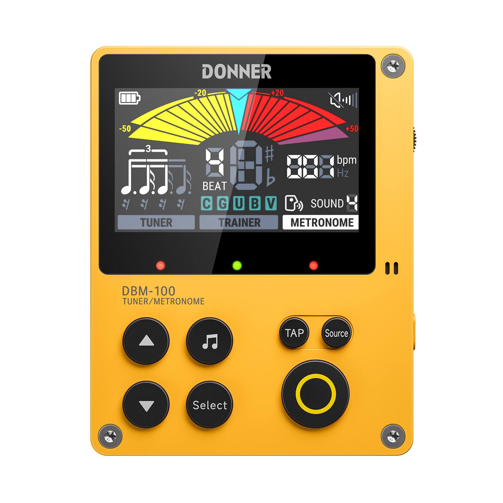 DONNER  
-20 +20 -50 +50  
3 bpm Hz BEAT  
C G U B V  
SOUND  
TUNER TRAINER METRONOME  
DBM-100 TUNER/METRONOME  
TAP Source Select