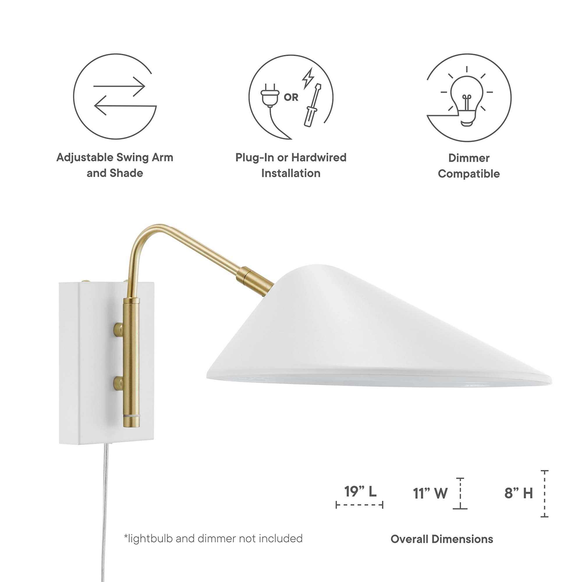 Adjustable Swing Arm and Shade  
Plug-In or Hardwired Installation  
Dimmer Compatible  

Overall Dimensions:  
19" L x 11" W x 8" H  

*Lightbulb and dimmer not included
