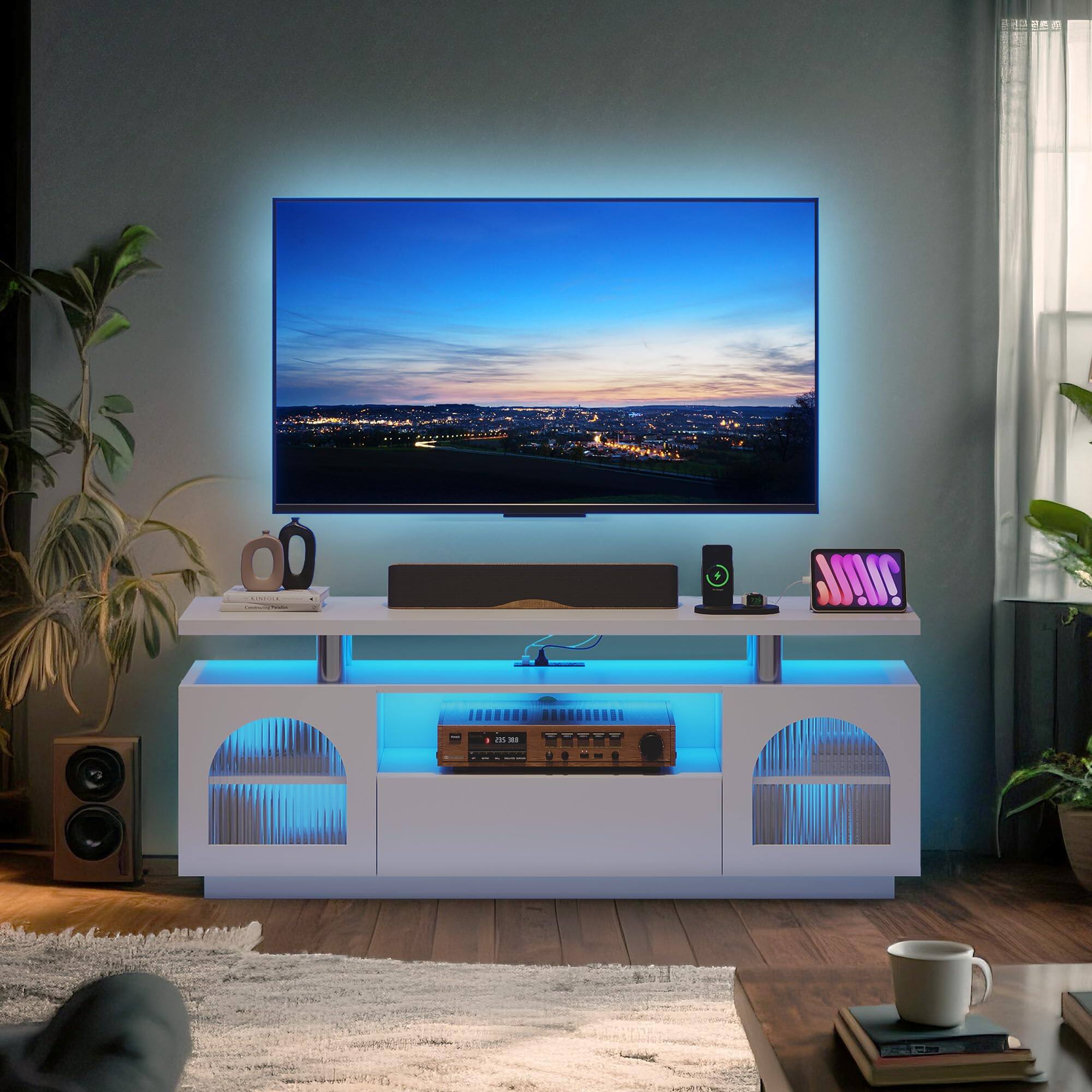 Alt View 5. Qeetex - 59" Modern TV Stand for 65 Inch TV, White Entertainment Center with Power Outlet, Storage & Lighting - White.
