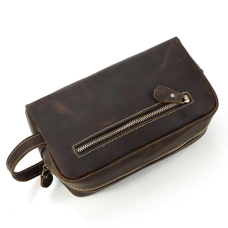 Alt View 1. Steel Horse Leather - The Wanderer Toiletry Bag | Genuine Leather Toiletry Bag - Dark Brown.