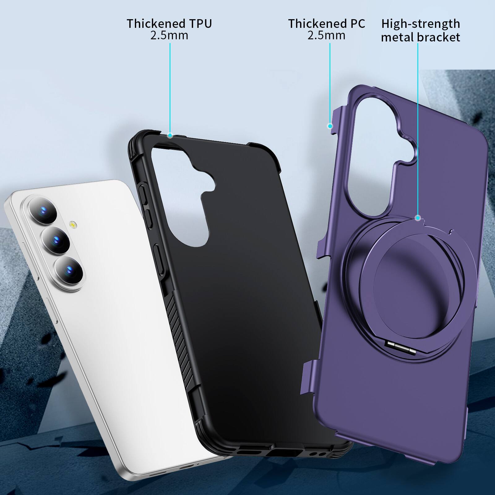 Thickened TPU 2.5mm  
Thickened PC 2.5mm  
High-strength metal bracket