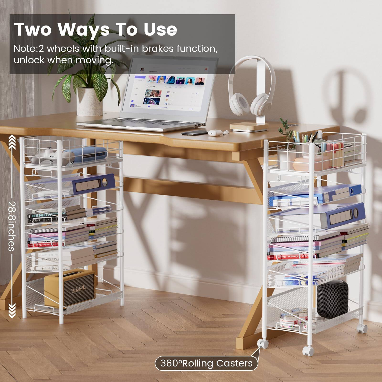 Two Ways To Use

Note: 2 wheels with built-in brakes function, unlock when moving.

28.8 inches

360° Rolling Casters