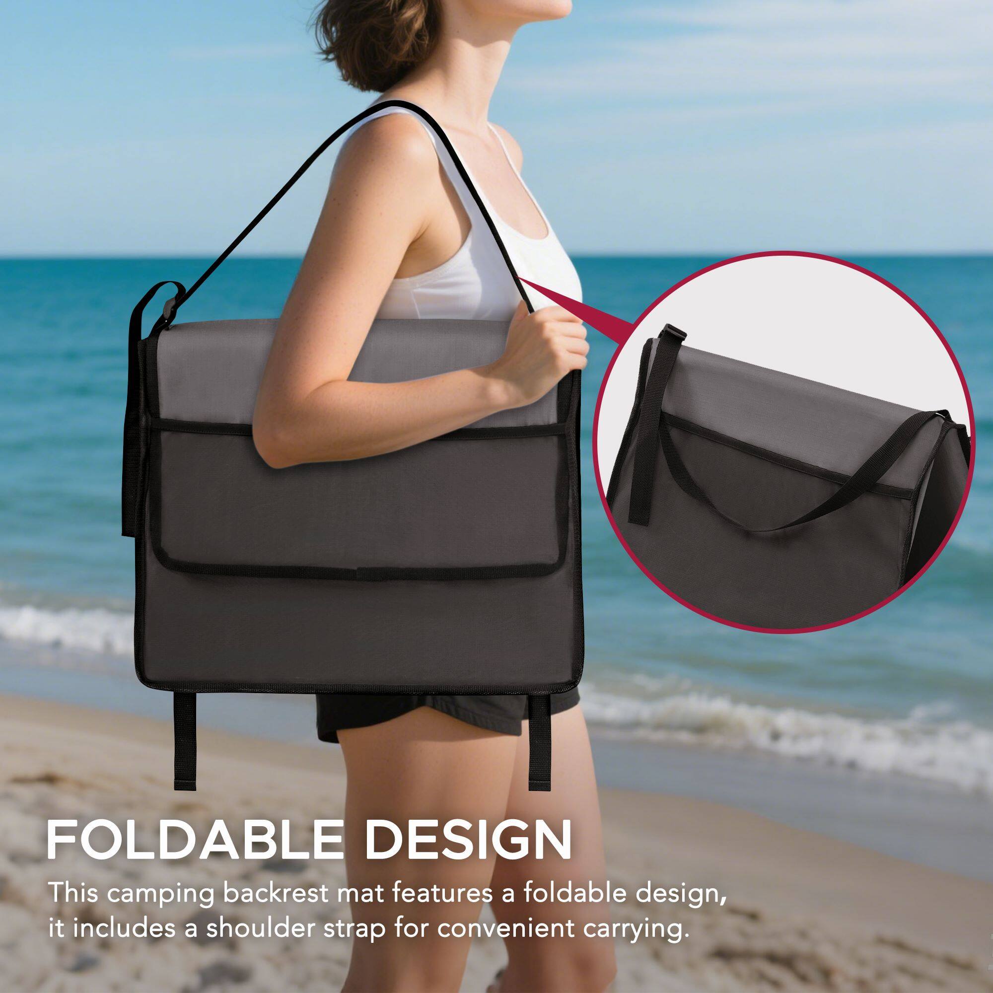 FOLDABLE DESIGN  
This camping backrest mat features a foldable design, it includes a shoulder strap for convenient carrying.