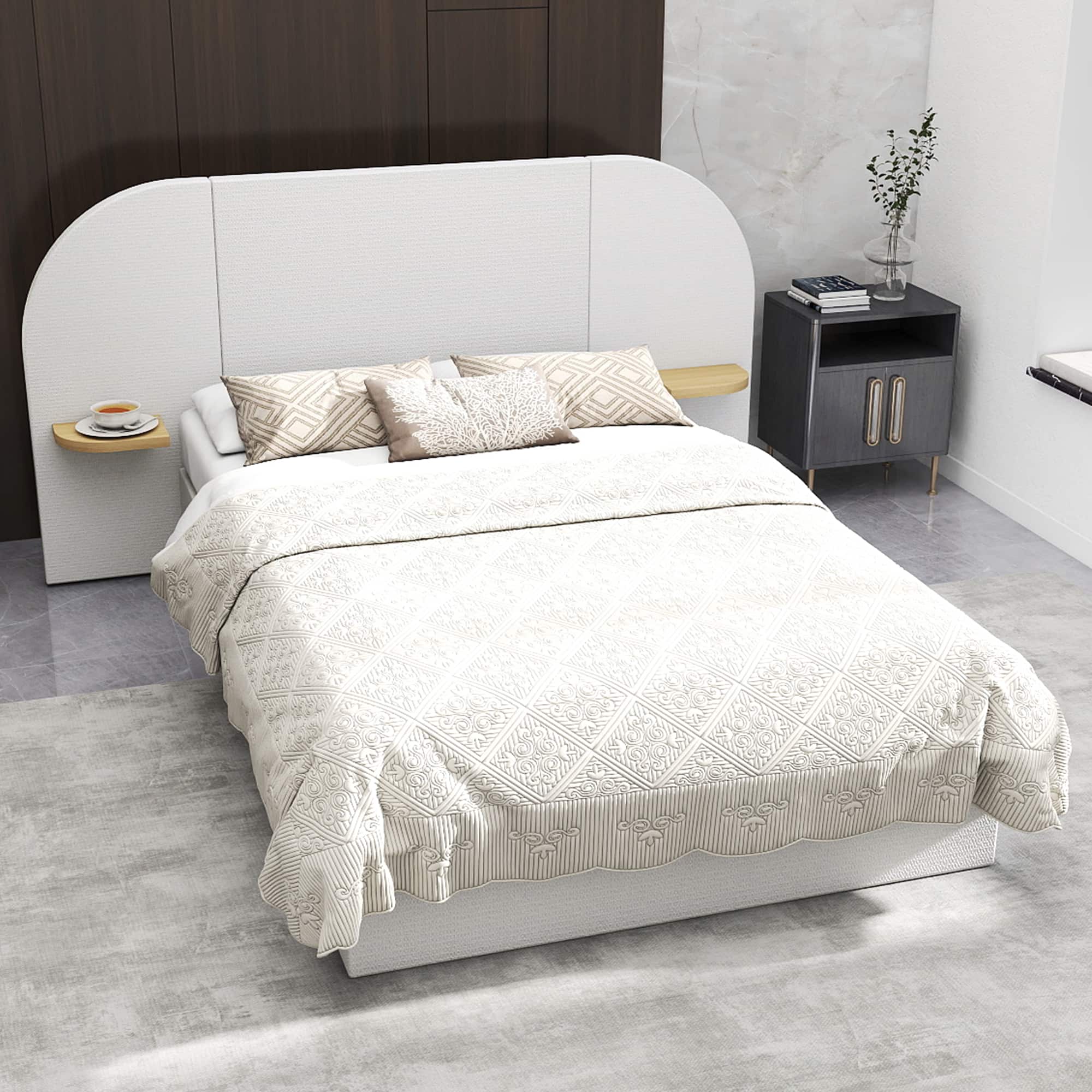 Brick Attic - Upholstered Bed with Oversized Arched Headboard & Side Shelves, Solid Wood Frame, No Box Spring Needed, Storage - White