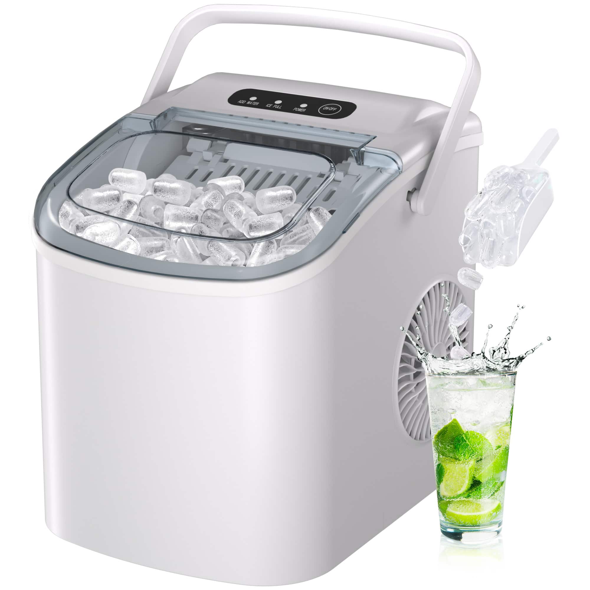 Front. SIMZLIFE - Portable Countertop Ice Maker - 9 Cubes in 6 Mins, 26lbs/Day, Self-Cleaning with Ice Scoop & Basket, for Home/Office/RV - White.