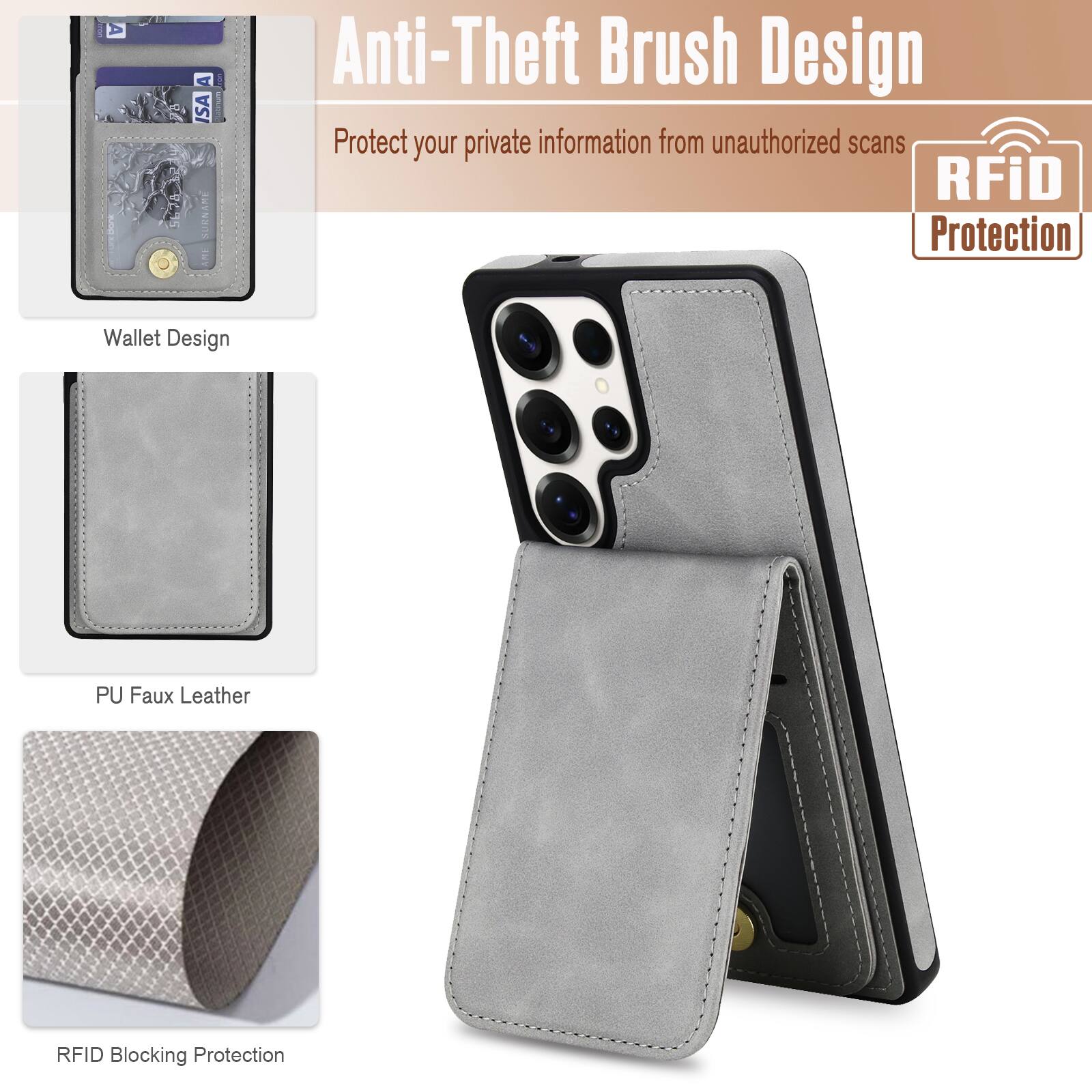 Anti-Theft Brush Design  
Protect your private information from unauthorized scans  

RFiD Protection  

Wallet Design  
PU Faux Leather  
RFID Blocking Protection