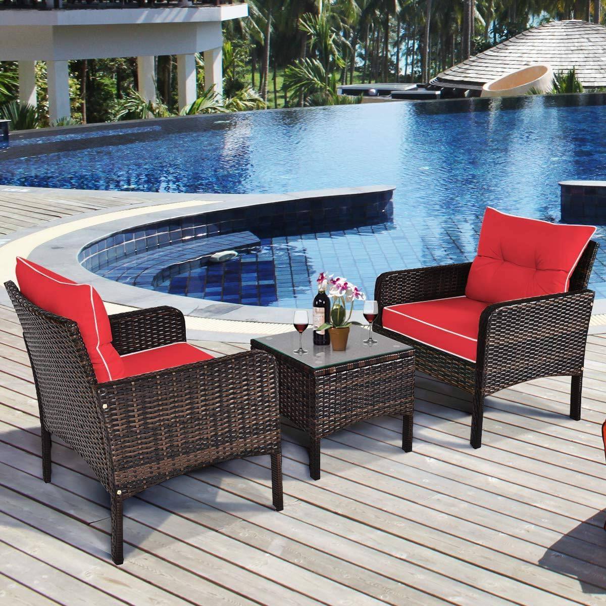 Back. Hivvago - 3-Piece Brown PE Rattan Outdoor Dining Patio Furniture Set with Red Cushions - Red, Brown.