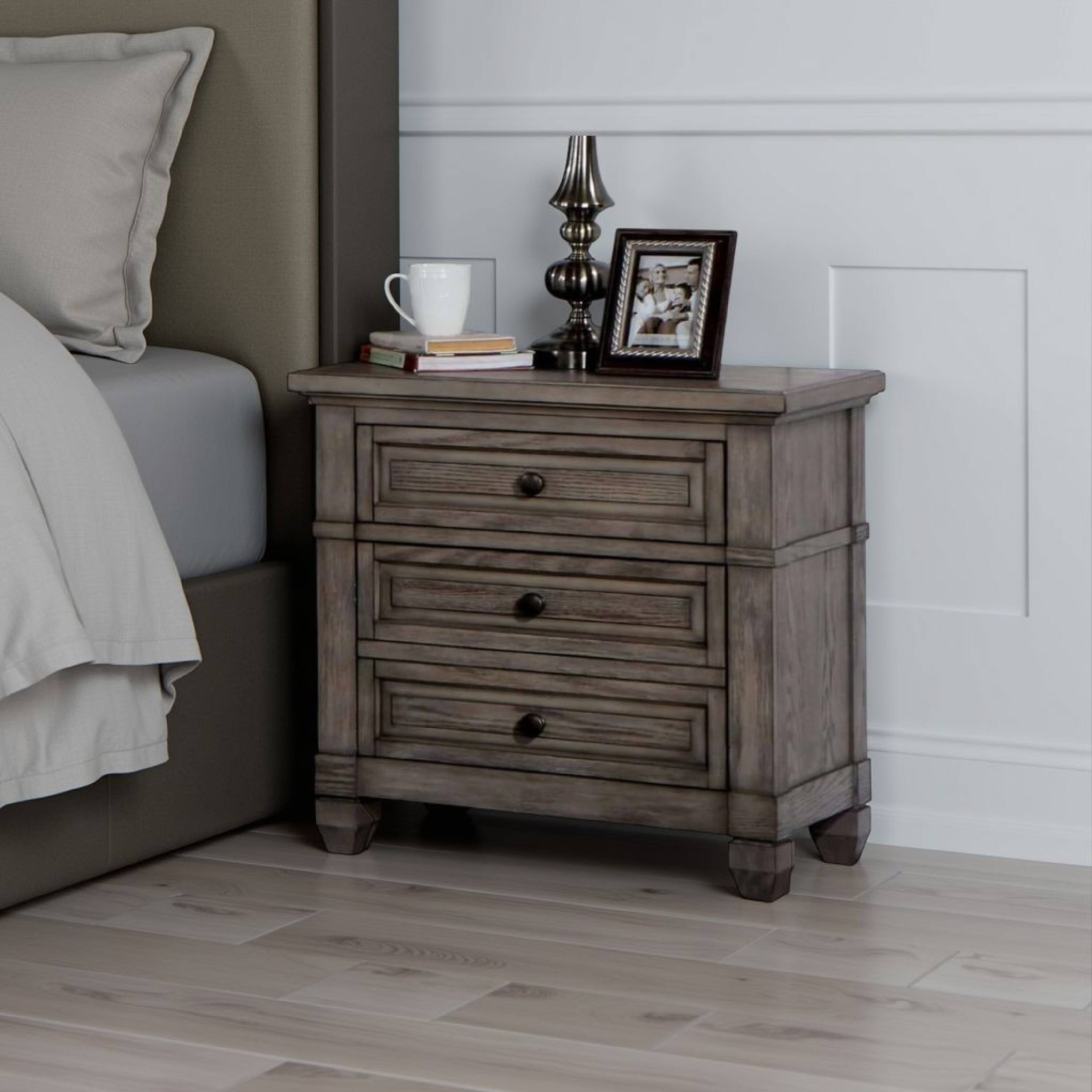 Alt View 5. Manhattan Lane - Jimbo Nightstand with USB Port and Hidden Drawer, Solid Wood - Warm Gray, Bronze.