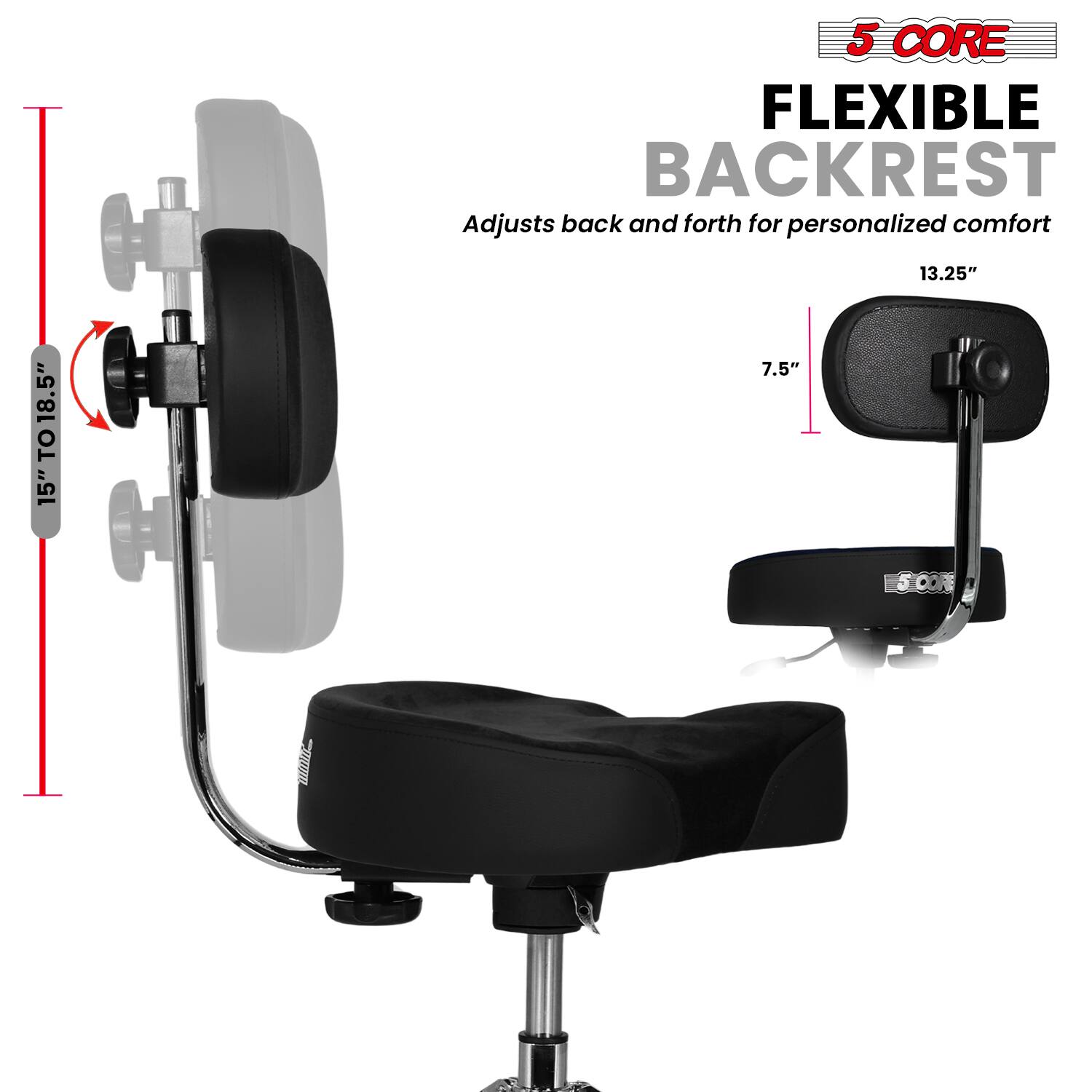 5 CORE FLEXIBLE BACKREST  
Adjusts back and forth for personalized comfort  

15" TO 18.5"  
13.25"  
7.5"