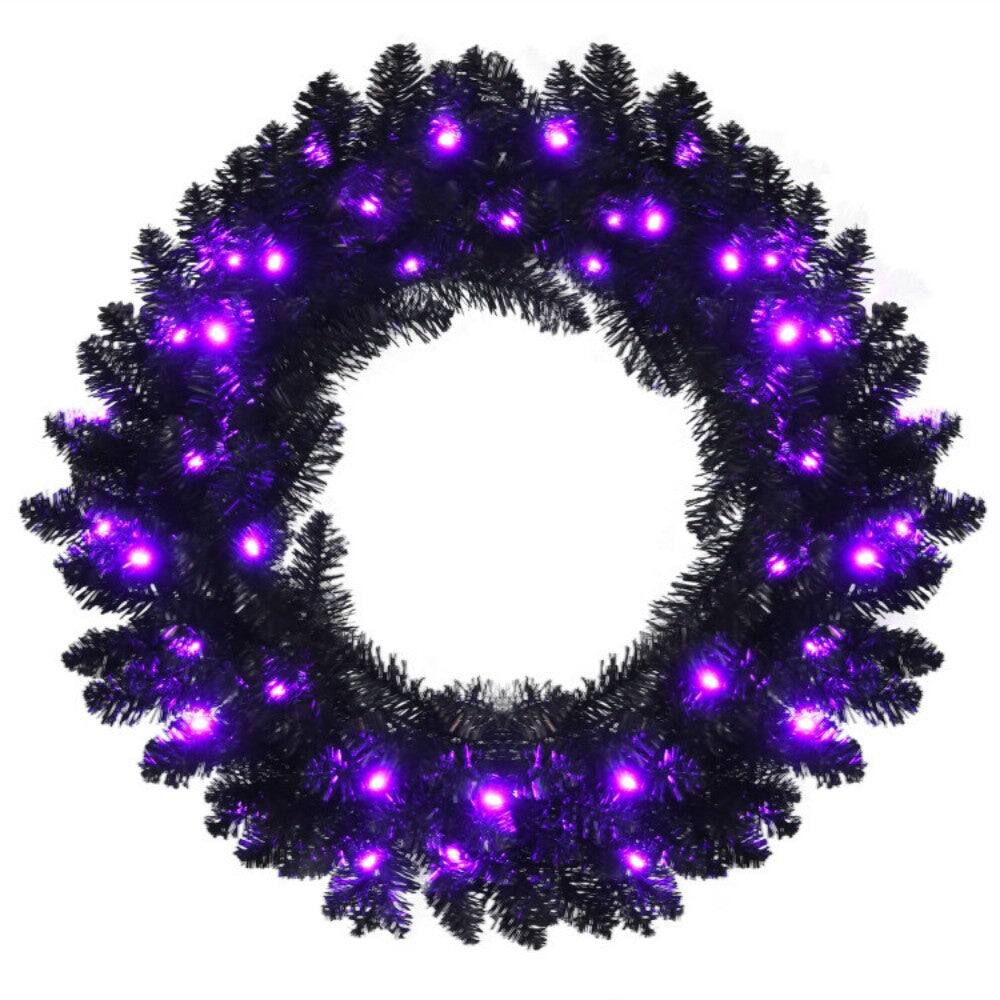 Alt View 3. Boyel Living - 24 Inch Pre-lit Halloween Wreath with 35 Purple LED Lights - Black.