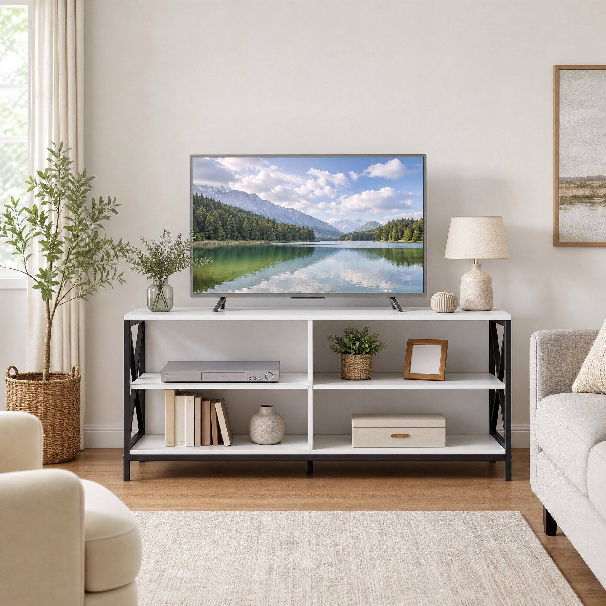 Left. WELLFOR - Farmhouse TV Stand for TVs up to 55 " with X-Shaped Frame, Entertainment Center Media Console with Storage Shelves - White.