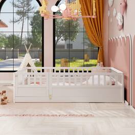 GOODSILO - Full Size Floor Bed with High Security Barrier and Door for Children, Montessori Style Wooden Frame - White