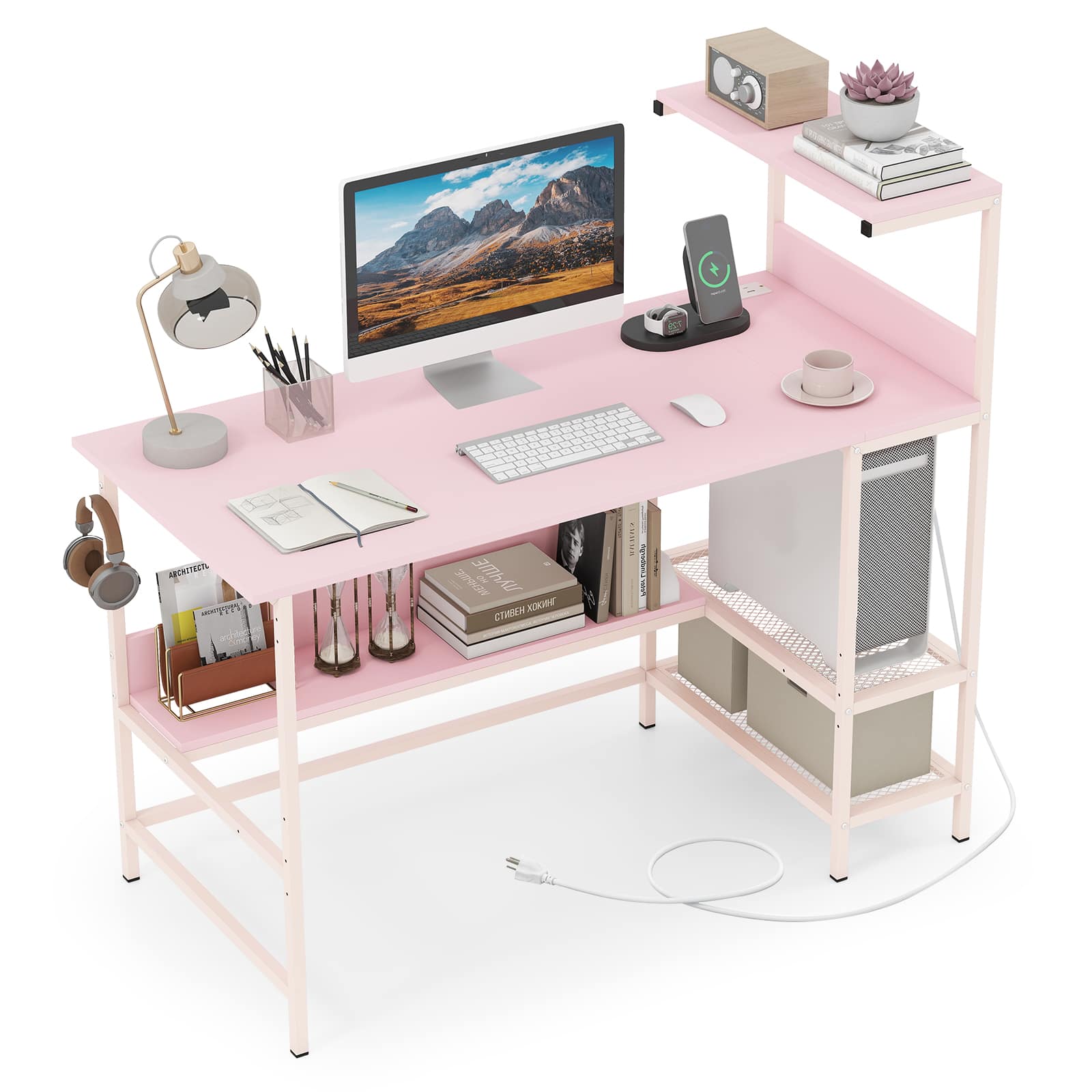 Costway - 48" Computer Desk with Power Outlets, Reversible Office Desk with Storage Shelve - Pink