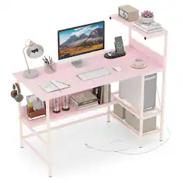 Costway - 48" Computer Desk with Power Outlets, Reversible Office Desk with Storage Shelve - Pink