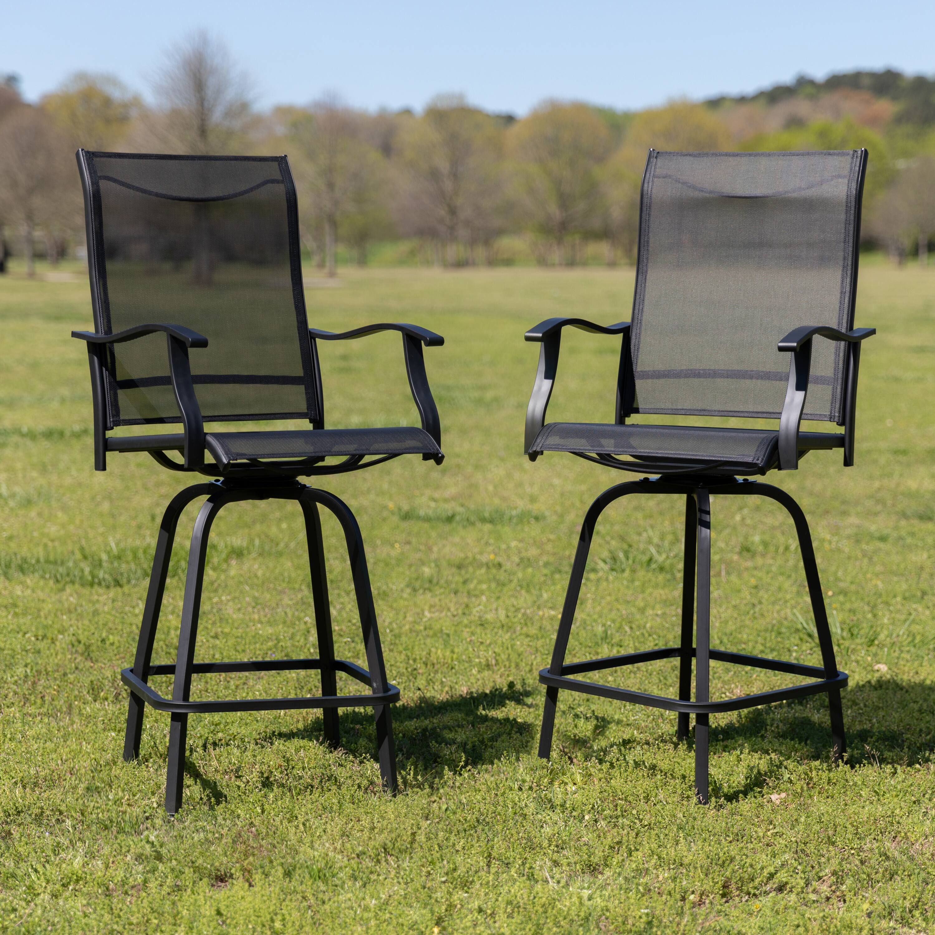 Alt View 2. Emma + Oliver - Patio Bar Height Stools Set of 2, All-Weather Textilene Swivel Stools - Black.