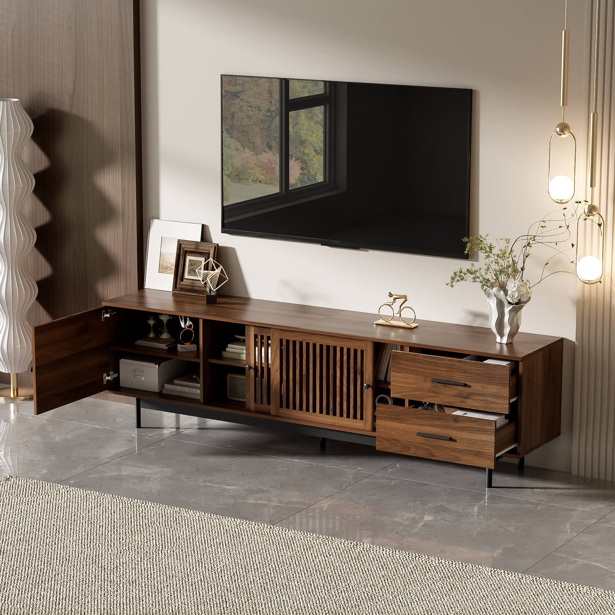 Angle. MERAVOM - Mid-Century Modern TV Stand for TVs Up to 85", Entertainment Center with Storage Cabinets and 2 Drawers for Living Room - Walnut.
