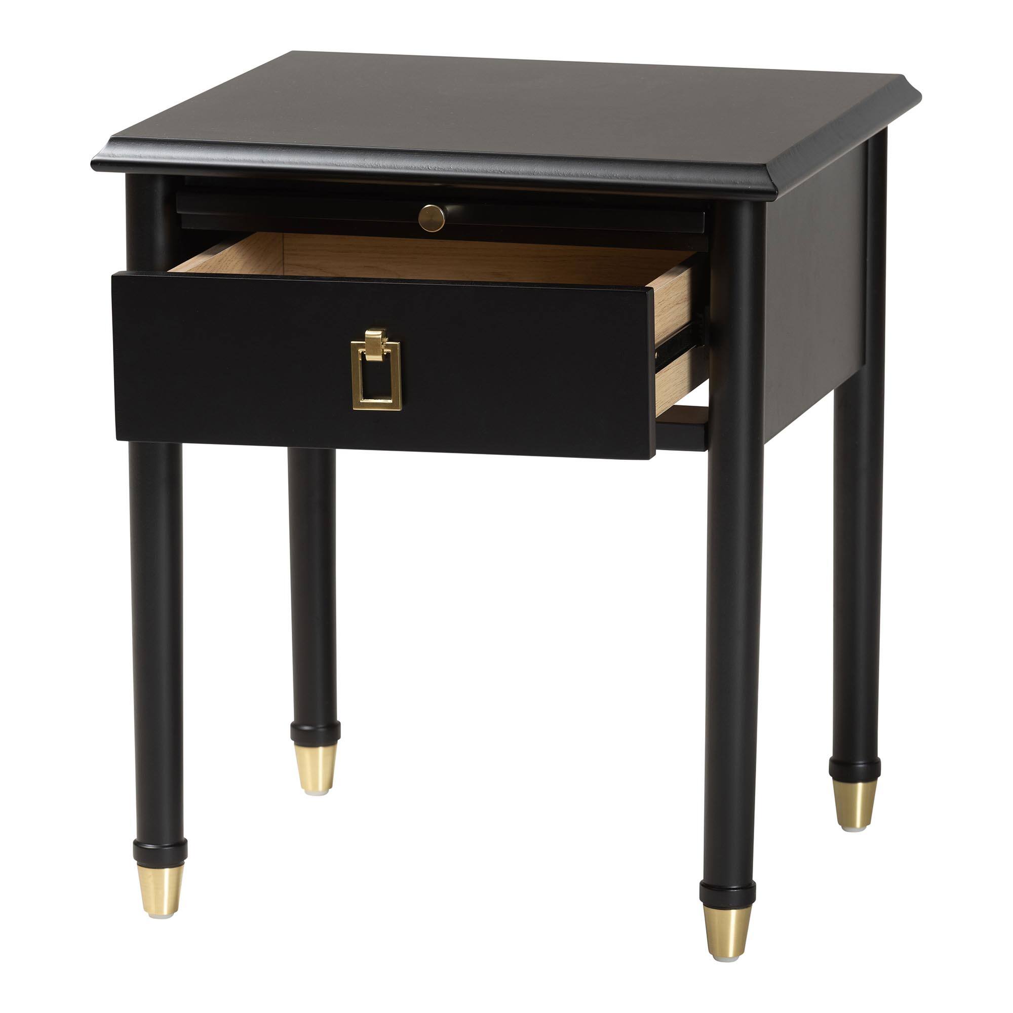 Angle. Baxton Studio - Tamra Black Wood Nightstand with Pullout Shelf - Modern Transitional Bedside Table with Metallic Accents - Black.