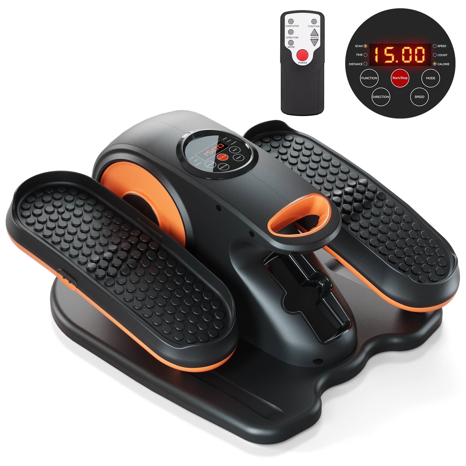 Sure, here is the corrected and grouped text from the image:

---

**Remote Control:**
- SMARTSTOP
- FUNCTION
- SCAN
- TIME
- DISTANCE
- COUNT
- CALORIE
- Start/Stop
- MODE
- DIRECTION
- SPEED

**Display:**
- 15.00
- SPEED
- COUNT
- CALORIE

**Main Unit:**
- (No visible text)

---