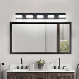 LUCKY ONE - 5-Light LED Vanity Light, Wall Mount Bathroom Fixture Over Mirror with Acrylic Shades - Black