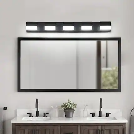 Front. LUCKY ONE - 5-Light Black LED Vanity Light, Wall Mount Bathroom Fixture Over Mirror with Acrylic Shades - Black.