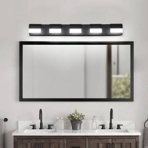 Front. LUCKY ONE - 5-Light Black LED Vanity Light, Wall Mount Bathroom Fixture Over Mirror with Acrylic Shades - Black.