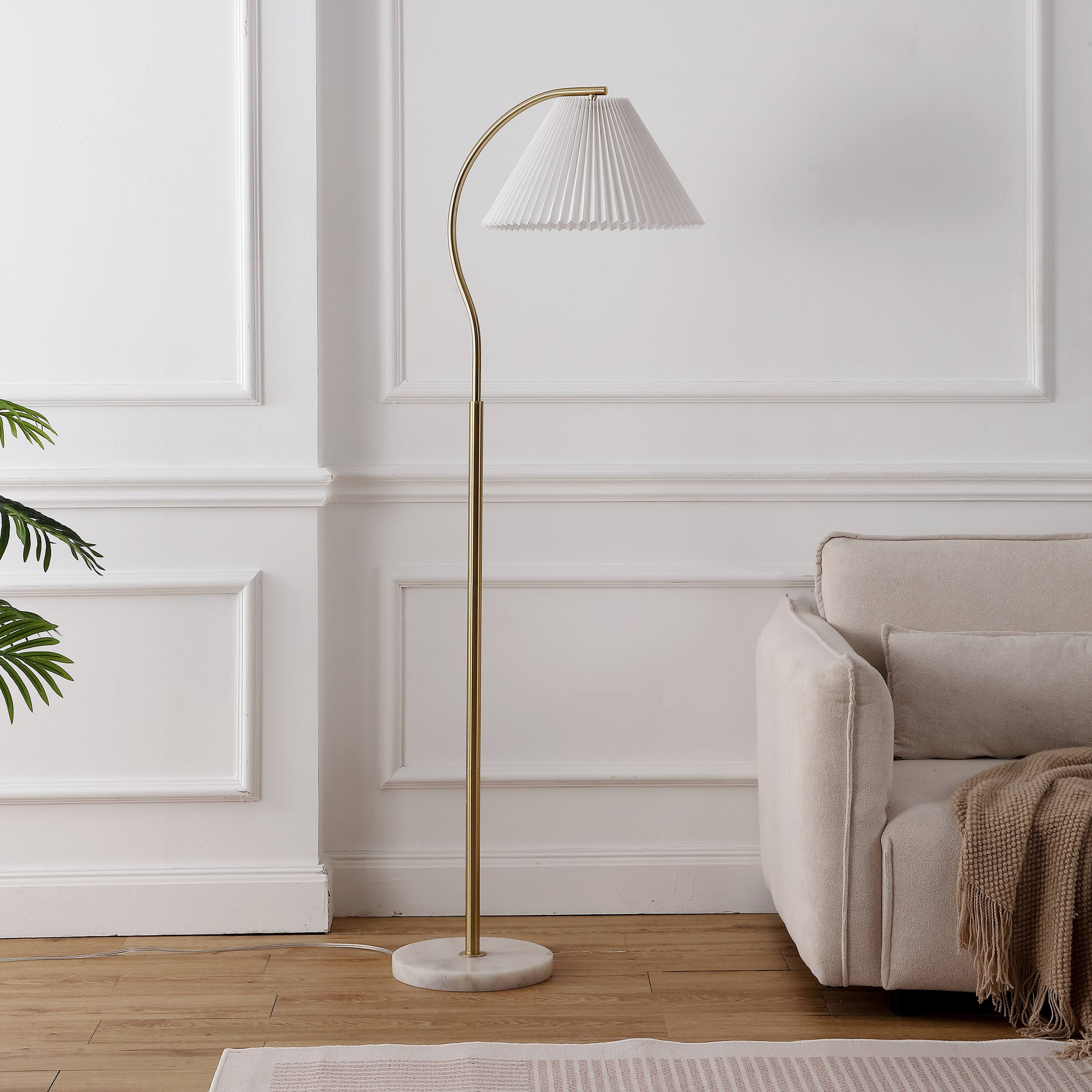 Alt View 5. Jonathan Y - Devon 60.5" Modern Glam Metal Arc LED Floor Lamp with Pleated Shade with Marble Base, Brass Gold/White - Brass Gold.