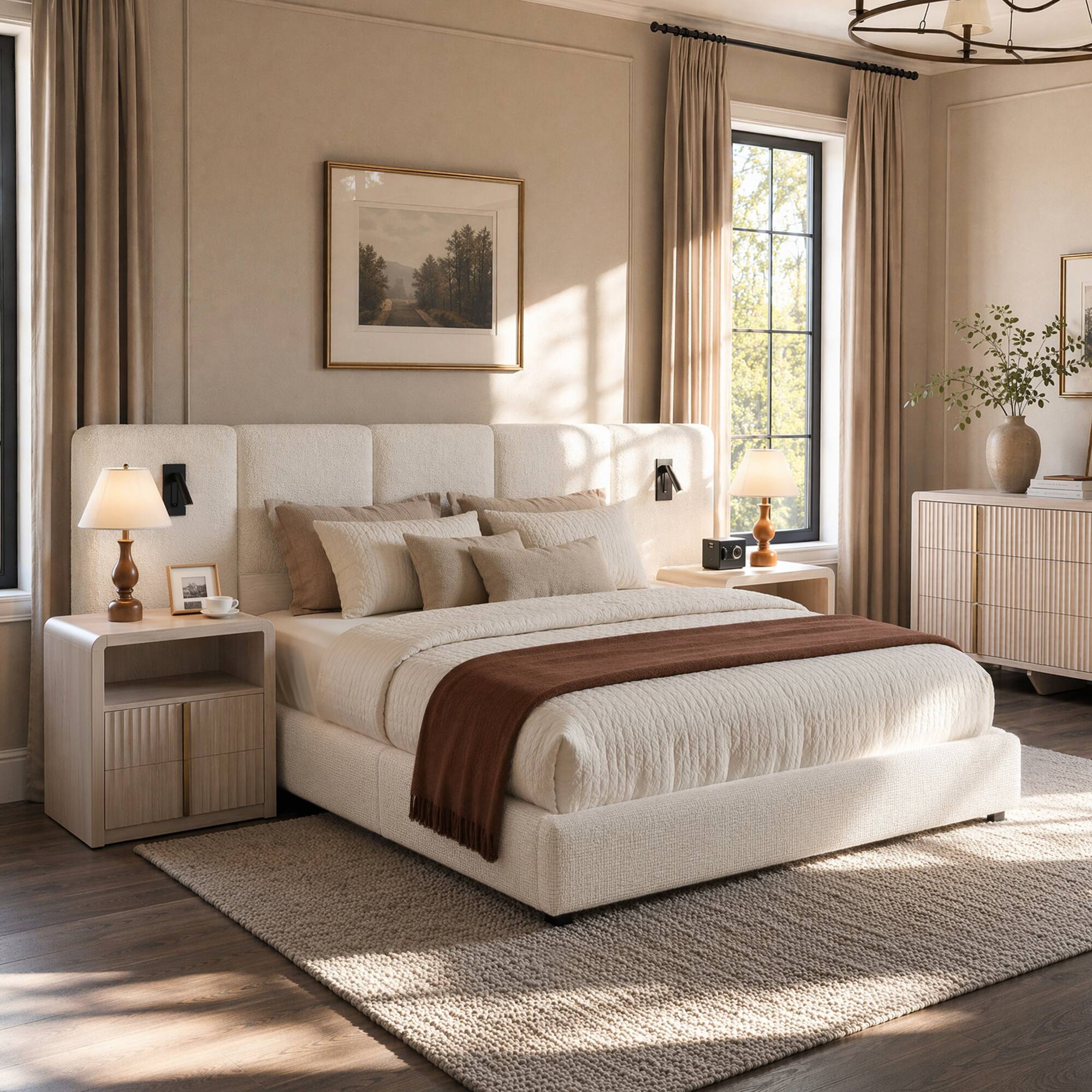 Alt View 3. ModernMate - Upholstered Platform Bed Frame with Extended Headboard, Wide Headboard Bed with Storage Footboard Drawers - Begie.