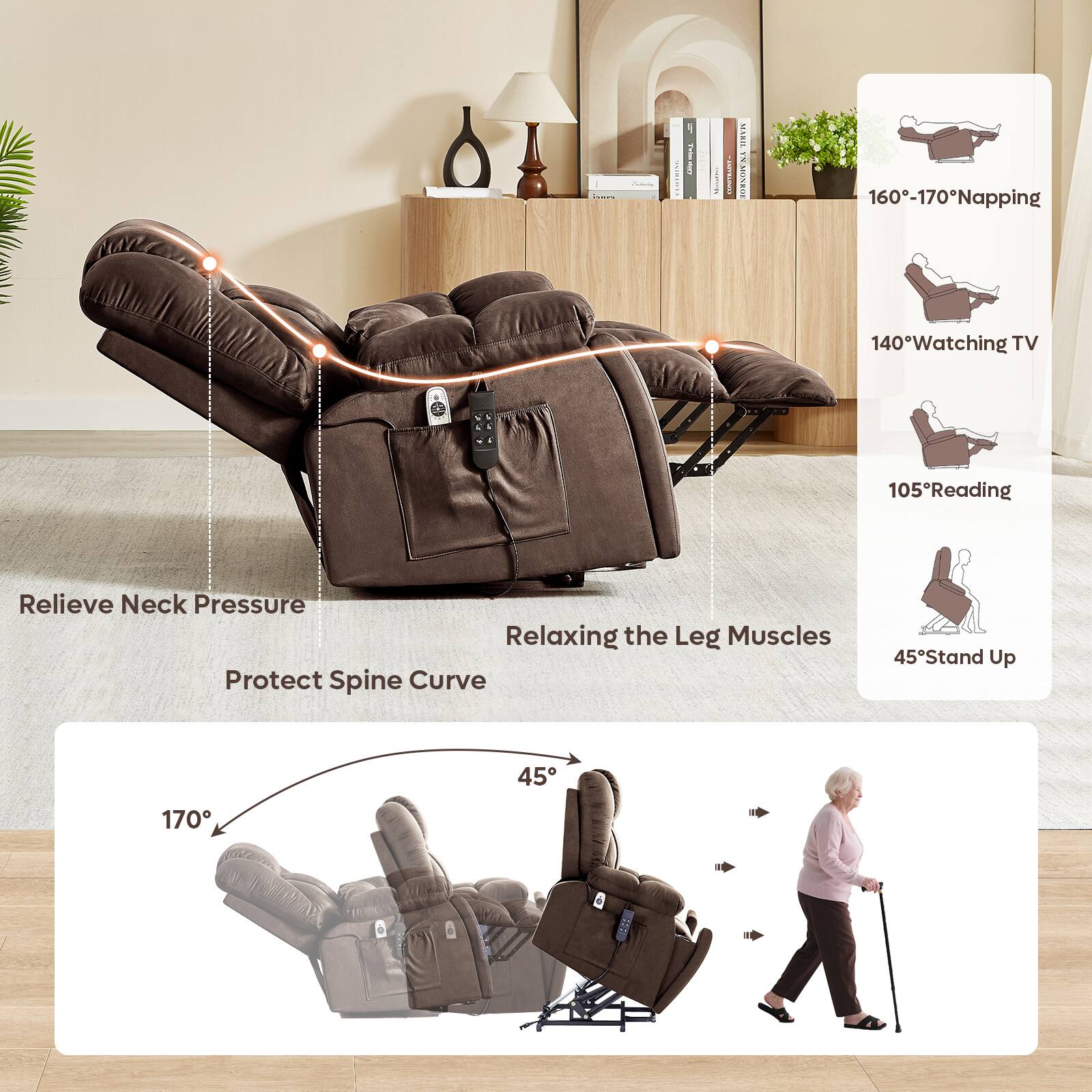 Podo | 1 : I MARE 2 MISEIR 160-170° Napping 140° Watching TV 105° Reading Relieve Neck Pressure Relaxing the Leg Muscles Protect Spine Curve 45° Stand Up 45° 170°