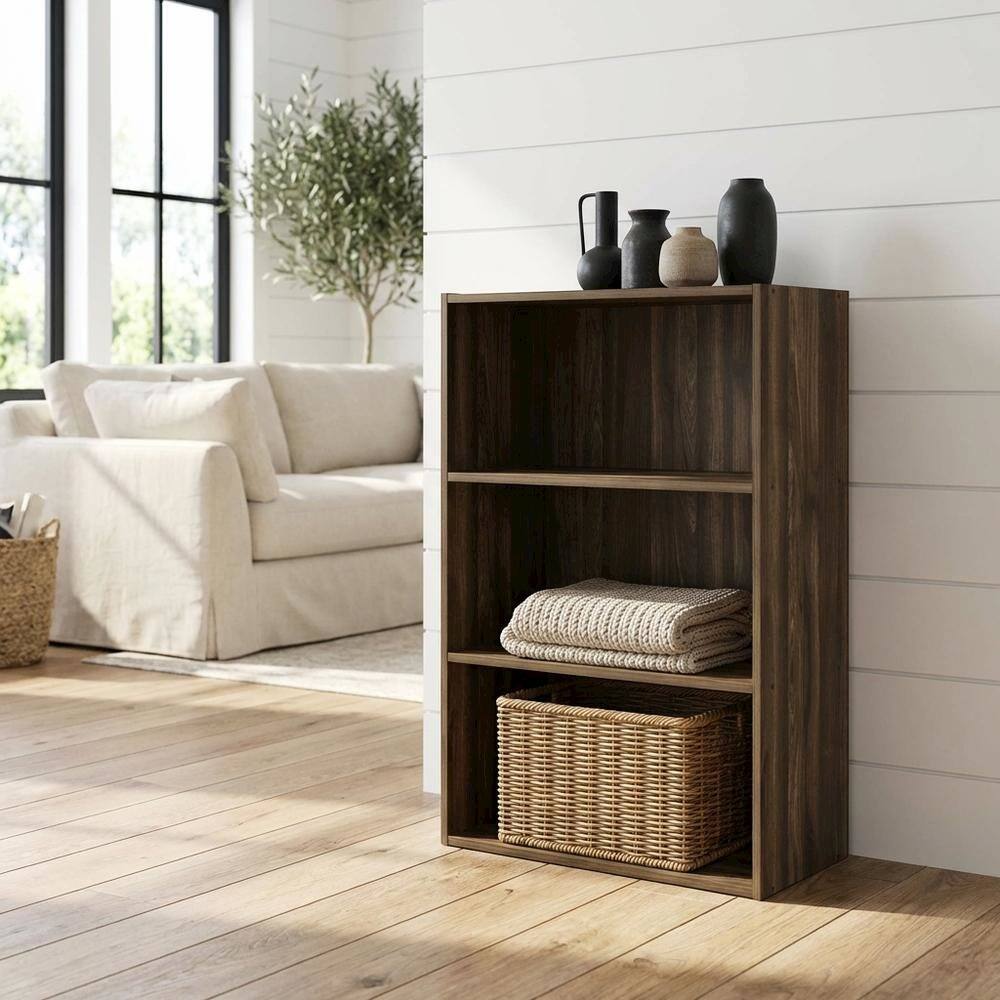 Angle. FurniFact - 3-Tier Open Shelf Bookcase in Columbia Walnut Wood for Storage - Columbia Walnut.