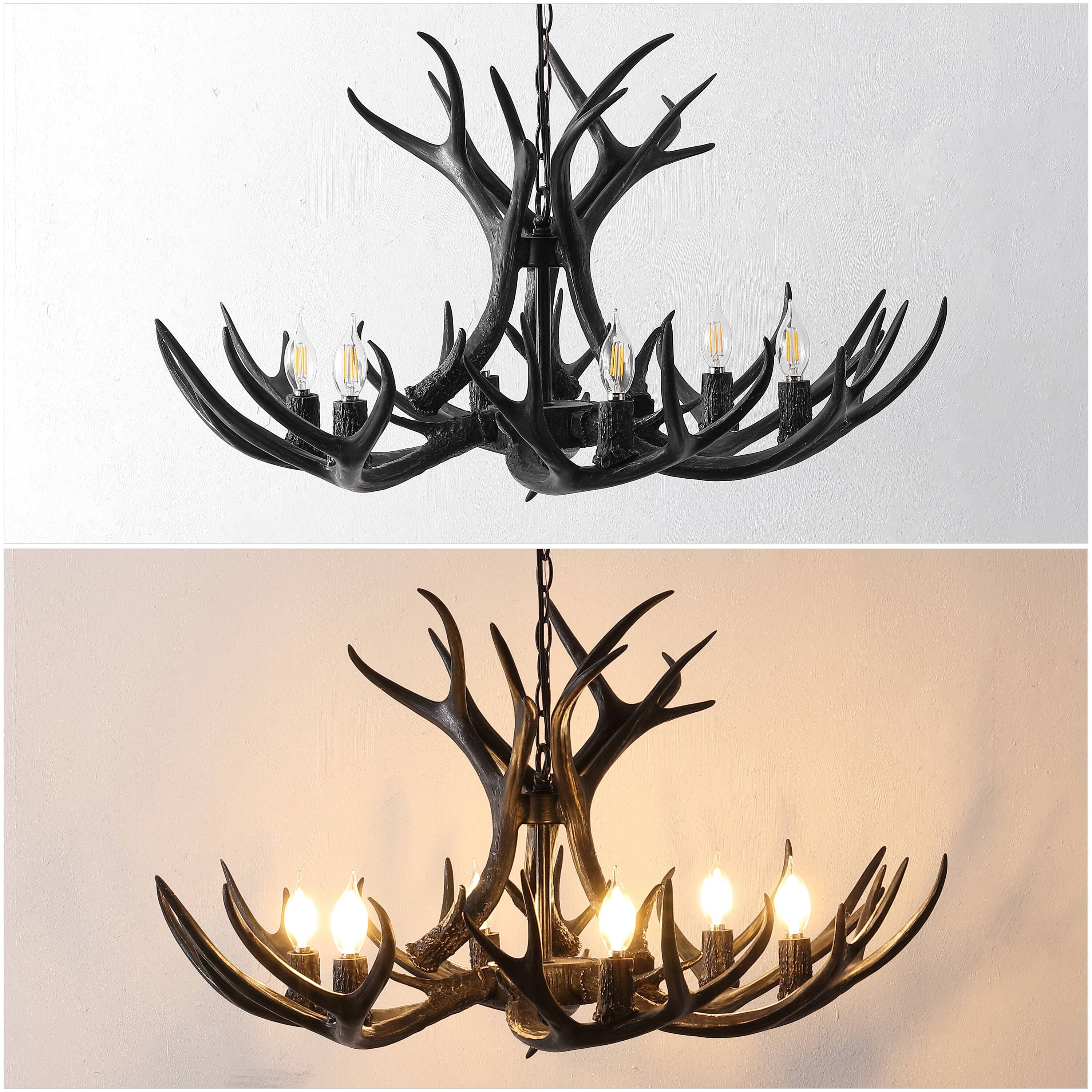 Alt View 3. Jonathan Y - Eldora 33" 6-Light Rustic Farmhouse Adjustable Resin Antler LED Chandelier, Black - Black.