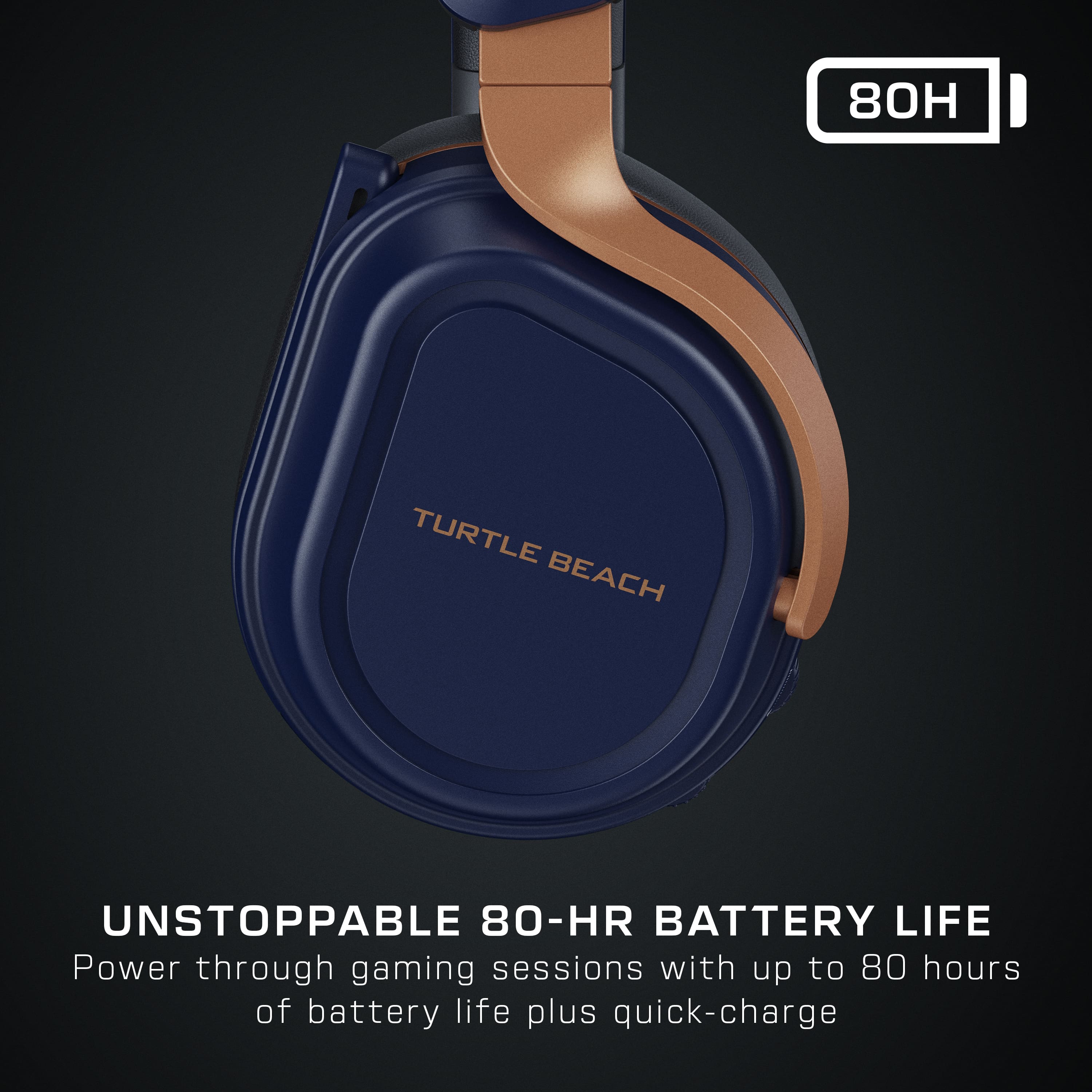 The image features a blue Turtle Beach headset with a brown accent. The headset is advertised as having an unstoppable 80-hour battery life, allowing users to play games for extended periods without needing to recharge. Additionally, the headset offers quick-charge capabilities, ensuring that users can get back to gaming as soon as possible.