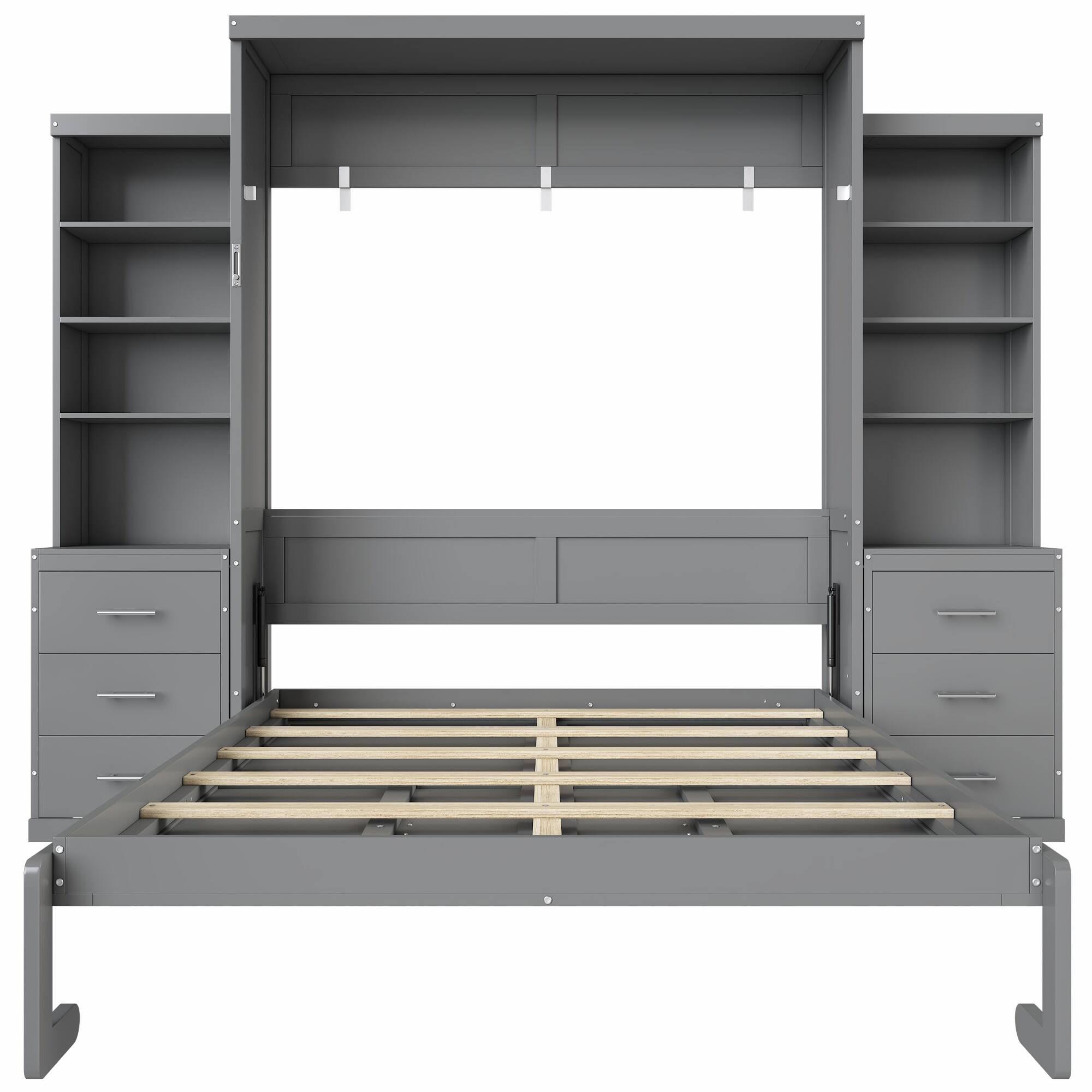Alt View 2. Whisen - Full Size Murphy Bed with Storage Shelves & Drawers, MDF & Pine Wood Space-Saving Bed - Gray.