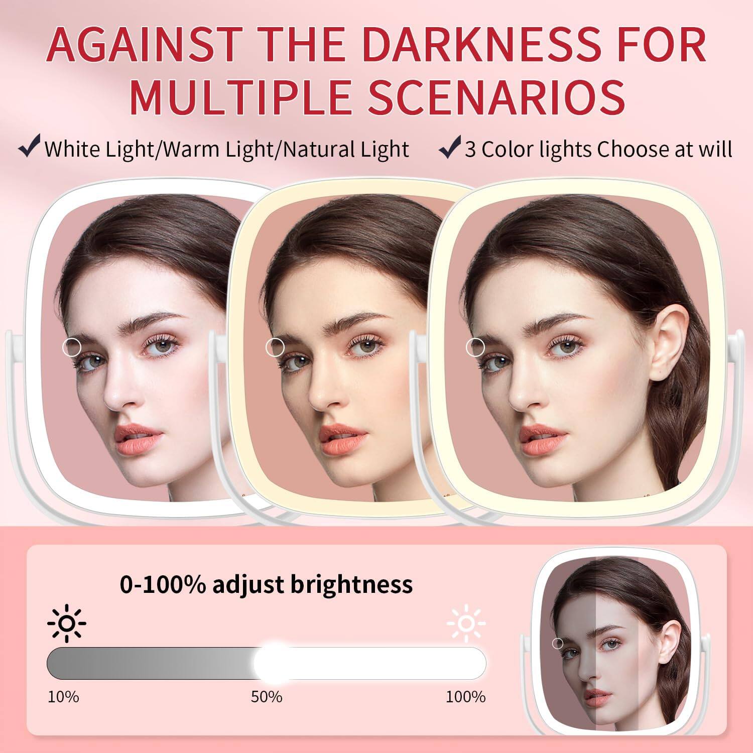 **AGAINST THE DARKNESS FOR MULTIPLE SCENARIOS**

- White Light/Warm Light/Natural Light
- 3 Color lights Choose at will

**0-100% adjust brightness**

- 10%
- 50%
- 100%