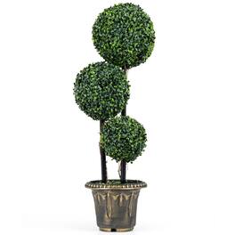 Gymax - 3 FT Artificial Boxwood Topiary Tree Sun-Protective Triple Ball ShrubsIndoor - Green