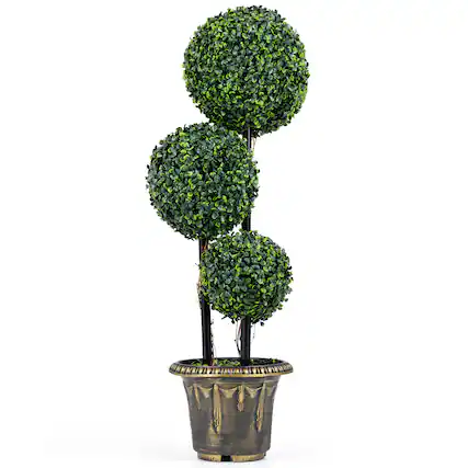 Front. Gymax - Gymax 3 FT Artificial Boxwood Topiary Tree Sun-Protective Triple Ball ShrubsIndoor - Green.