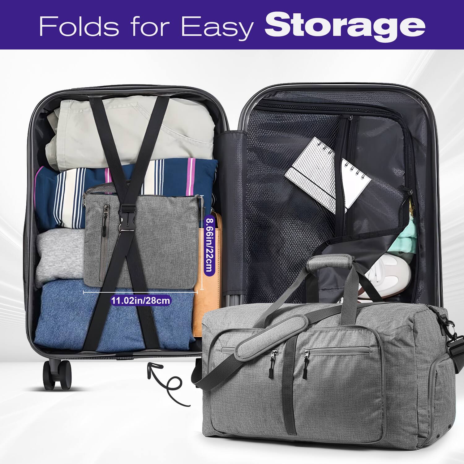 Folds for Easy Storage  
11.02in/28cm  
8.66in/22cm