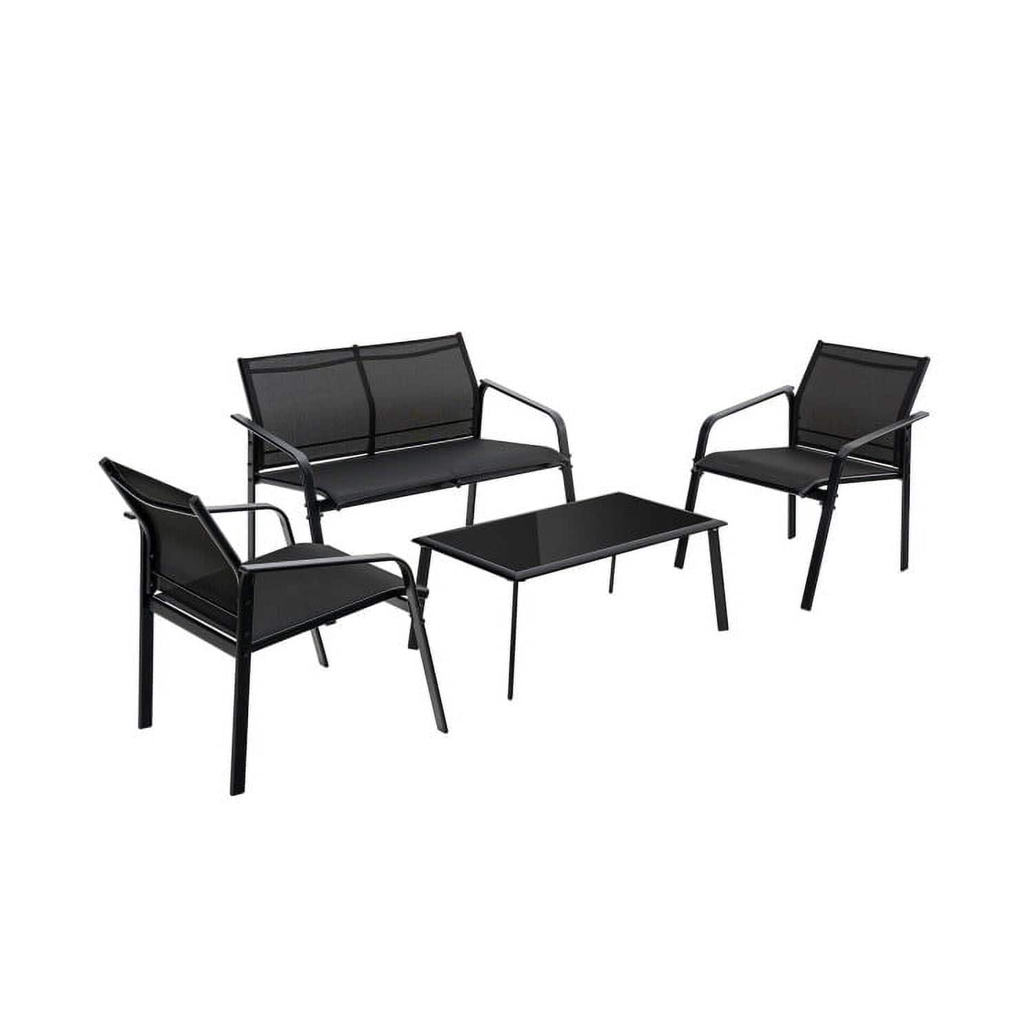 Pefilos - 4 Pieces Patio Furniture Set, Deluxe Outdoor Patio with Armrest Loveseat Sofas and Glass Dining Table Deck - Black
