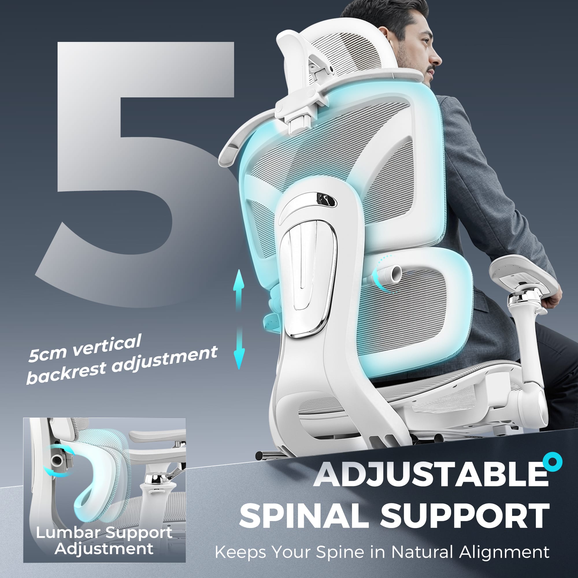 KERDOM - All in one High-End Ergonomic Office Chair with Footrest Advanced Mesh Cushion, Adjustable Seat Depth Lumbar & Armrest - Light Gray