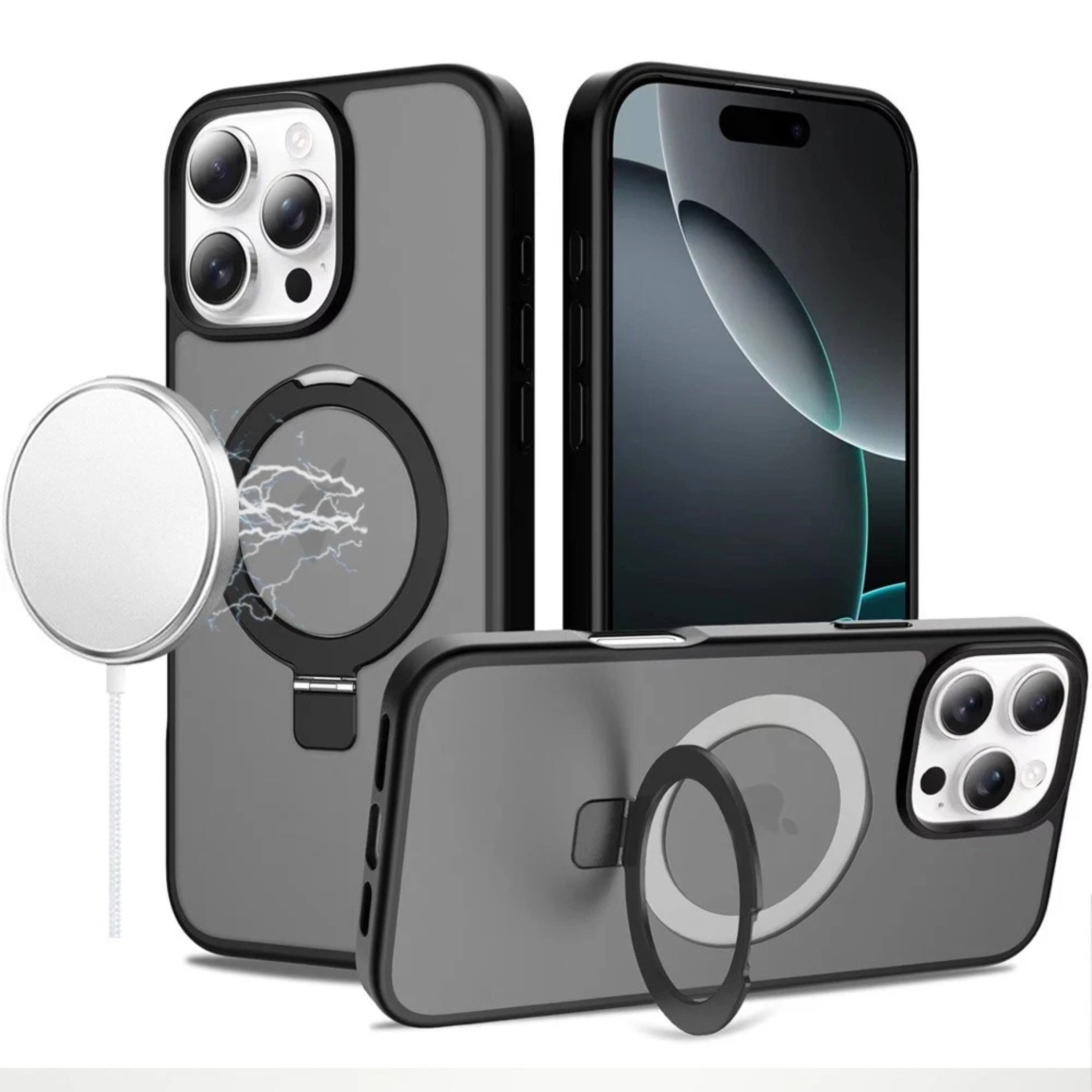 Front. Kitcheniva - Metal Circle Ring Stand Rugged Case With Tempered Glass For iPhone 16 Pro Max Black - Black.