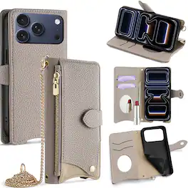 Dteck - Crossbody Wallet Case for Apple iPhone 17 Pro, Elegant Zipper PU Leather Folio Stand Cover, Built-in Mini Mirror - Gray