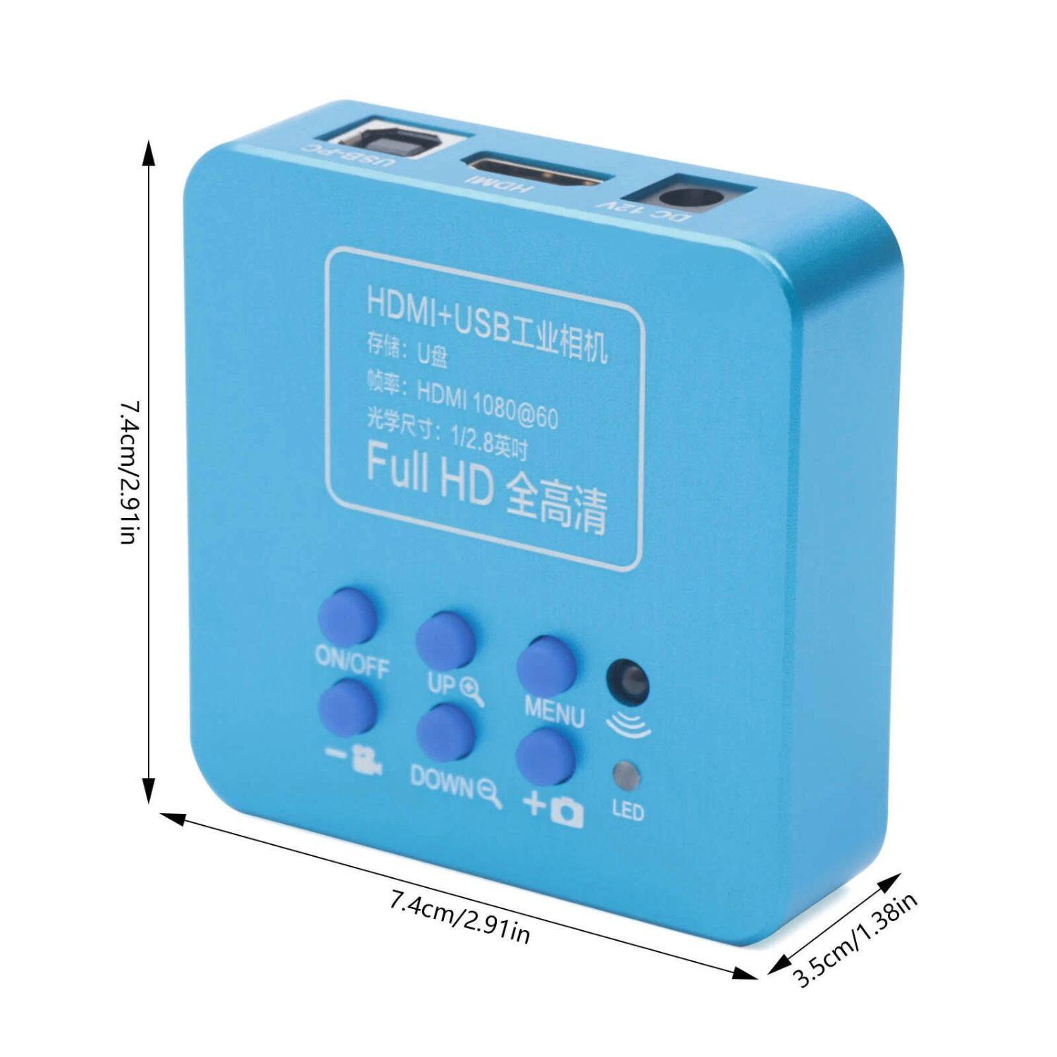 7.4cm/2.91in 7.4cm/2.91in 3.5cm/1.38in

SOsn HDMI+USB : U : HDMI : 1080@60 1/2.8 Full HD
ON/OFF UP MENU DOWN to + LED