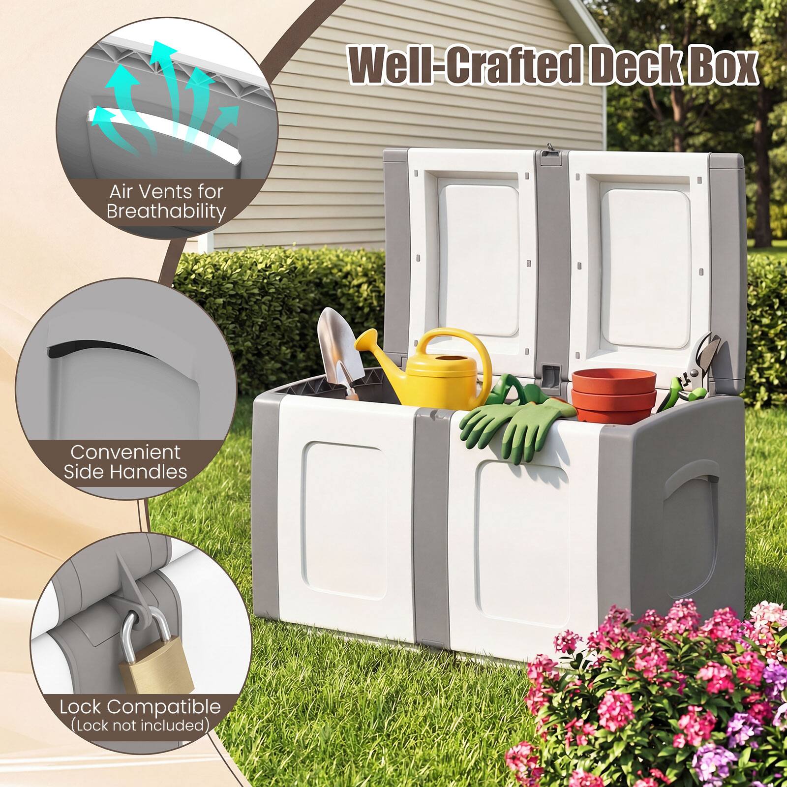 Well-Crafted Deck Box

- Air Vents for Breathability
- Convenient Side Handles
- Lock Compatible (Lock not included)