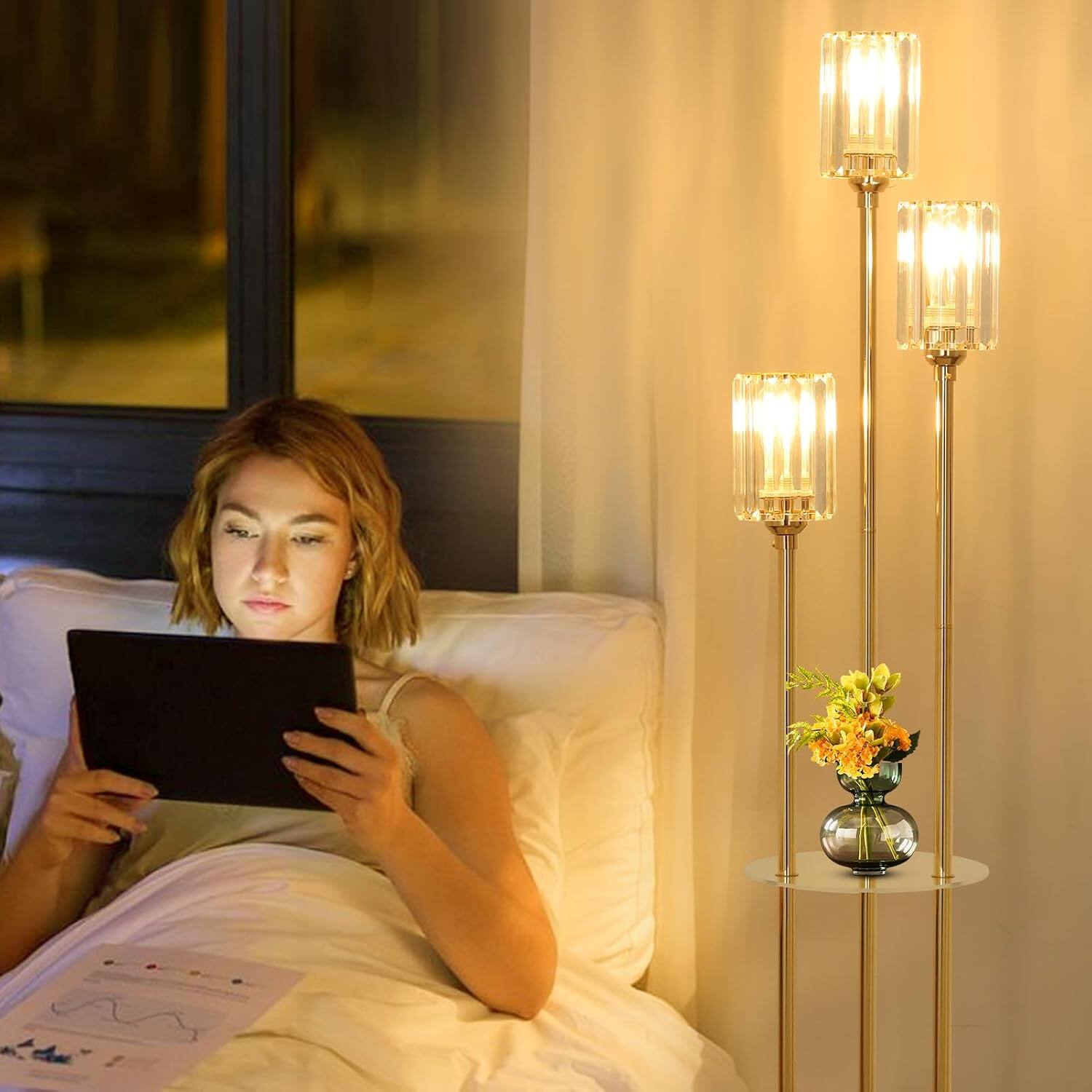 Alt View 1. Akoasm - Gold Floor Lamps with Shelves for Living Room Bedroom, Crystal Standing Lamps with Table.