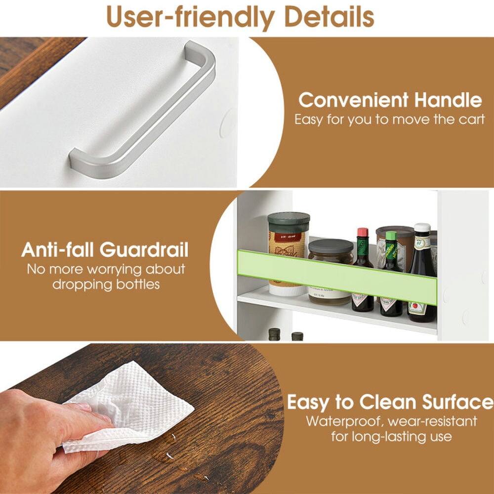 User-friendly Details

- Convenient Handle
  - Easy for you to move the cart

- Anti-fall Guardrail
  - No more worrying about dropping bottles

- Easy to Clean Surface
  - Waterproof, wear-resistant for long-lasting use