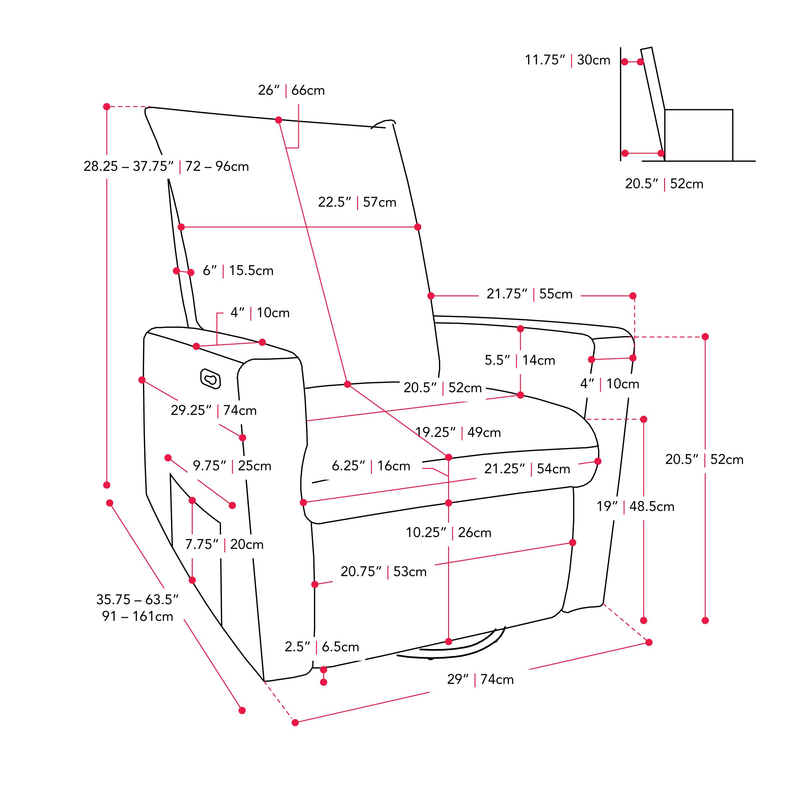 Here is the corrected and grouped text from the image:

- 11.75" | 30cm
- 20.5" | 52cm
- 26" | 66cm
- 28.25" - 37.75" | 72 - 96cm
- 22.5" | 57cm
- 20.5" | 52cm
- 6" | 15.5cm
- 4" | 10cm
- 21.75" | 55cm
- 5.5" | 14cm
- 20.5" | 52cm
- 4" | 10cm
- 29.25" | 74cm
- 19.25" | 49cm
- 9.75" | 25cm
- 6.25" | 16cm
- 21.25" | 54cm
- 20.5" | 52cm
- 1