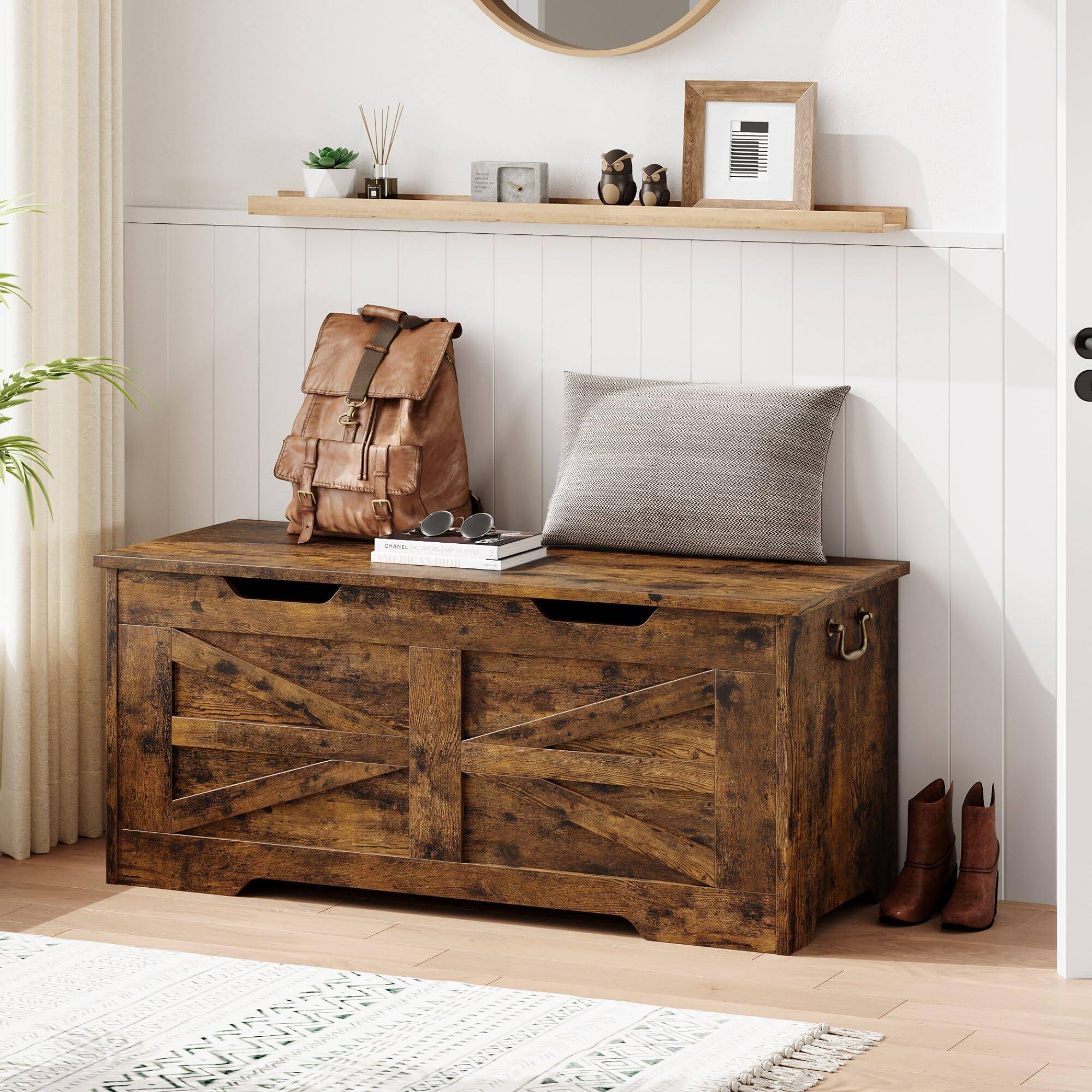 Alt View 4. Jojoka - Wooden Storage Bench with Safety Hinge, Flip Top Blanket Chest Trunks, Supports 350 Lb, for Entryway - Brown.