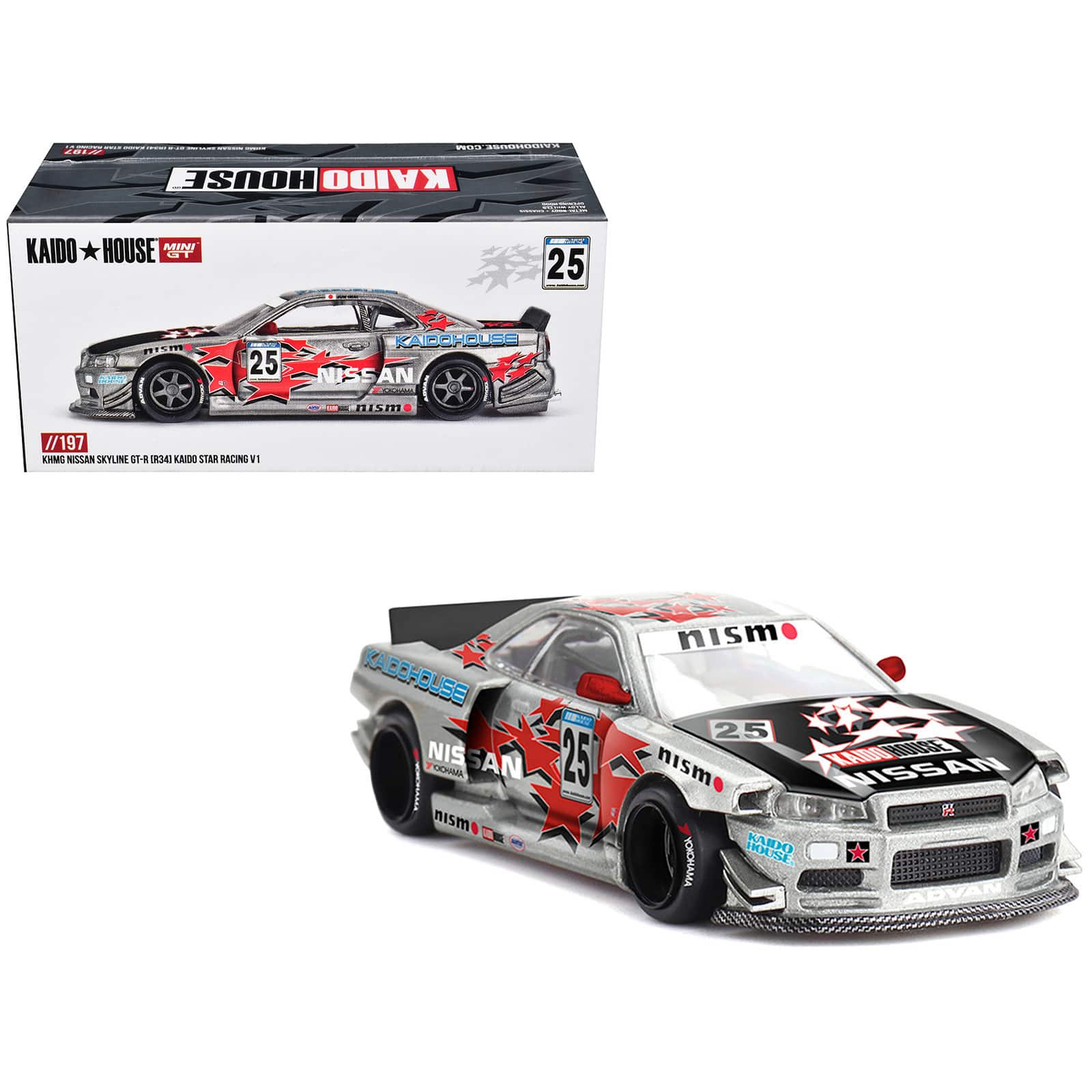"True Scale Miniatures - Nissan Skyline GT-R (R34) ""Kaido Star Racing V1"" RHD #25 Gray Metallic with Black and Graphics 1/64 Model Car by Mini GT" price history on PriceWatchPro